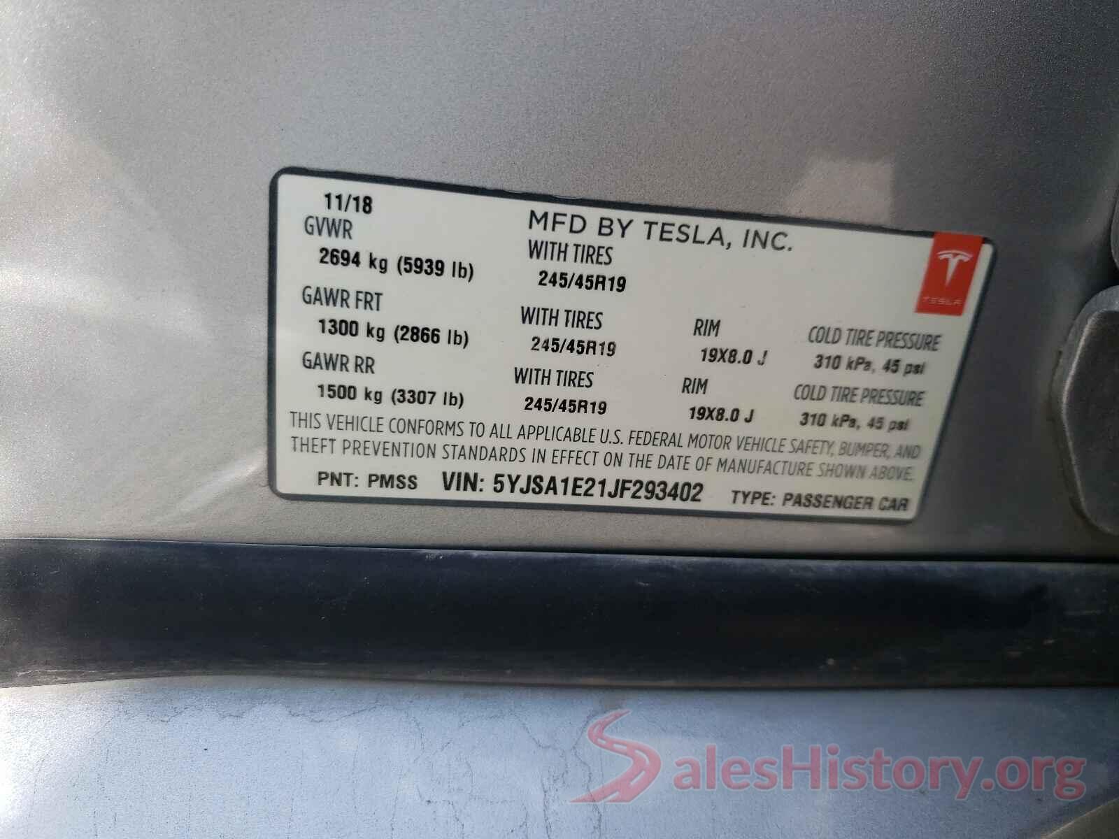 5YJSA1E21JF293402 2018 TESLA MODEL S