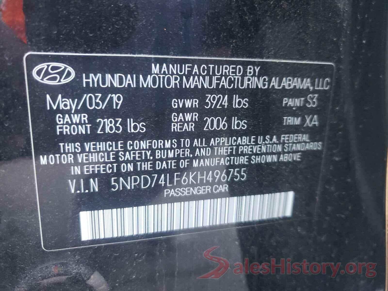 5NPD74LF6KH496755 2019 HYUNDAI ELANTRA