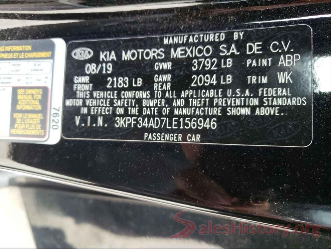 3KPF34AD7LE156946 2020 KIA FORTE