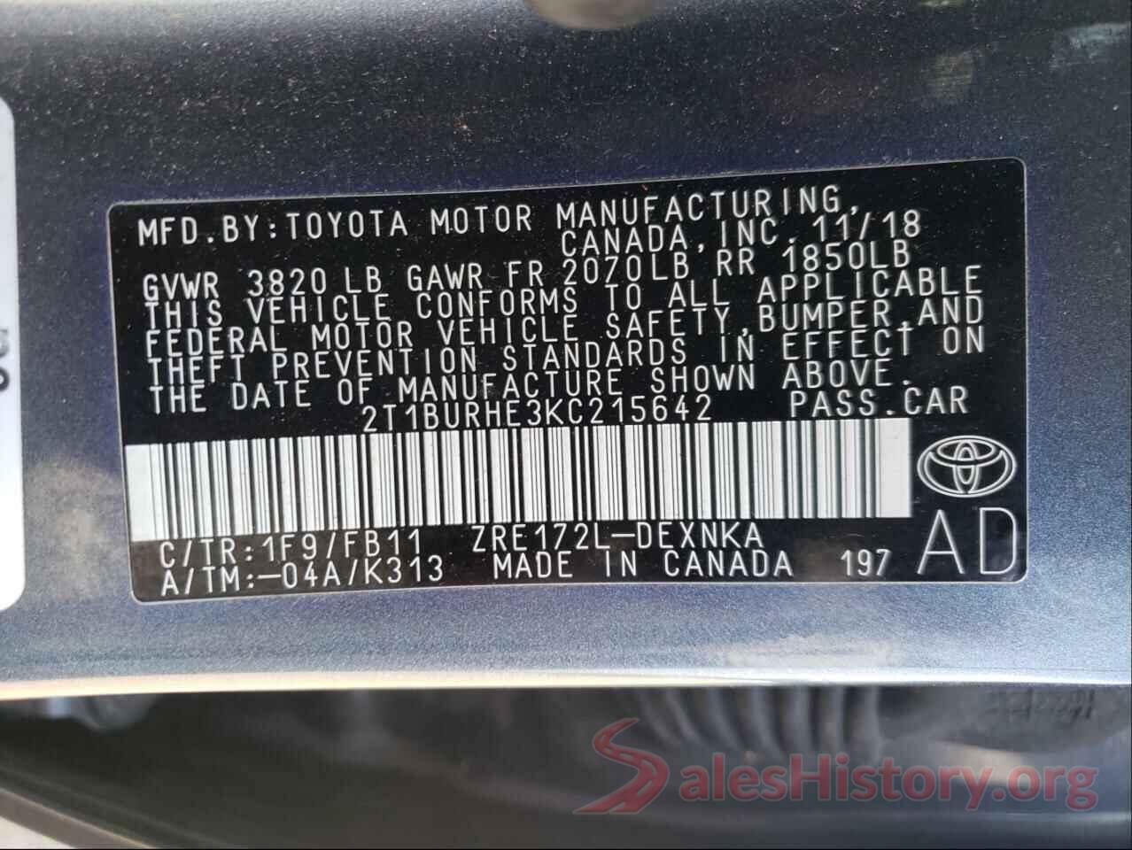 2T1BURHE3KC215642 2019 TOYOTA COROLLA