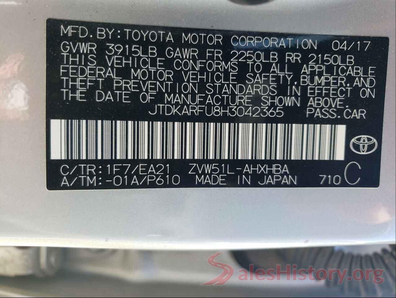 JTDKARFU8H3042365 2017 TOYOTA PRIUS