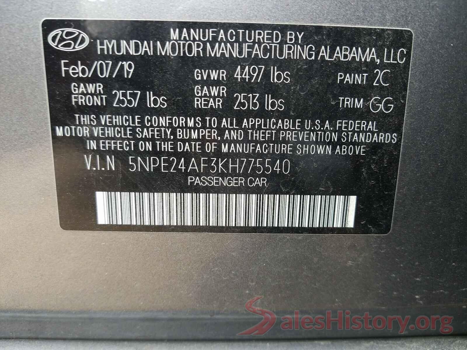 5NPE24AF3KH775540 2019 HYUNDAI SONATA