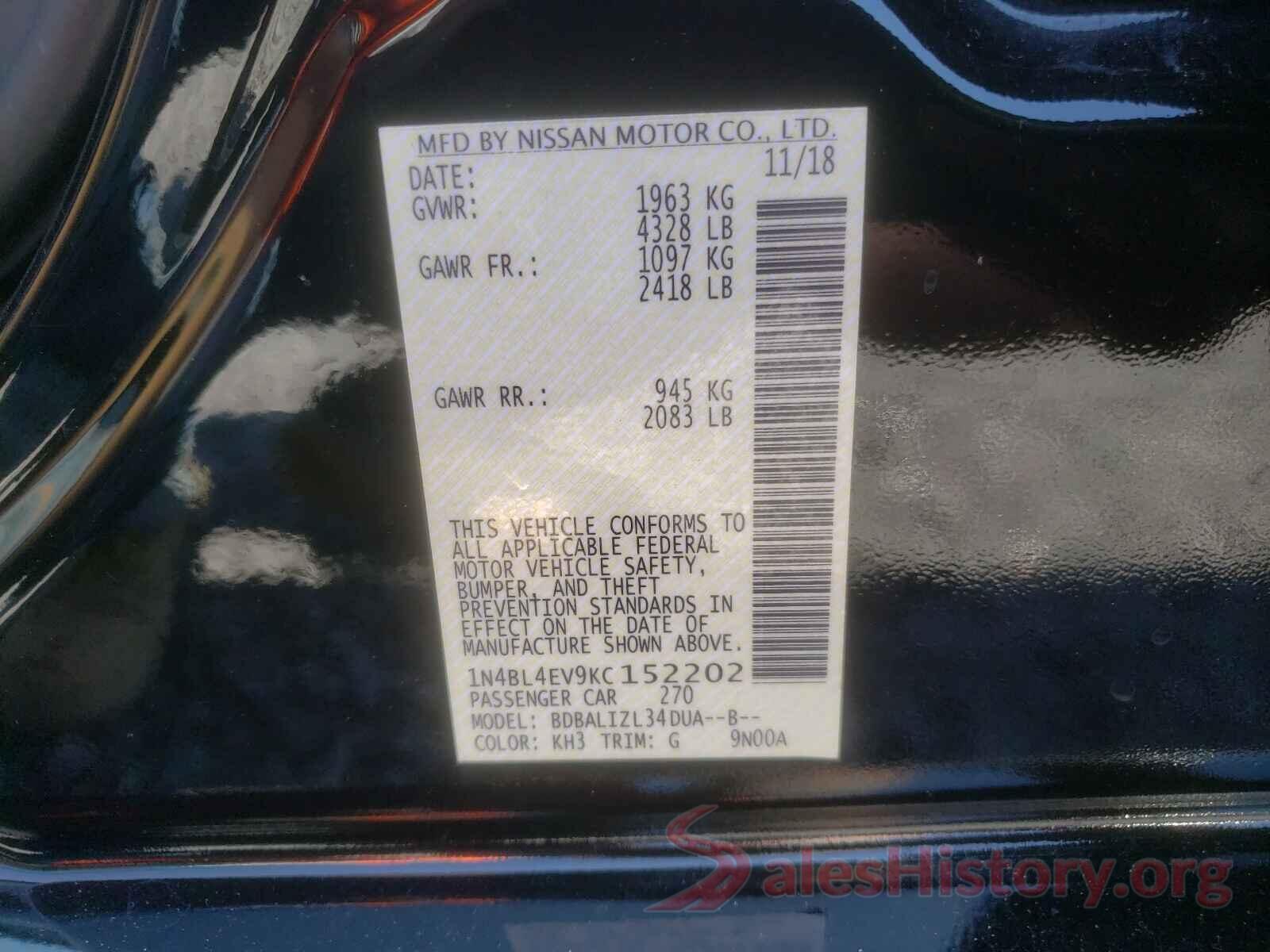 1N4BL4EV9KC152202 2019 NISSAN ALTIMA