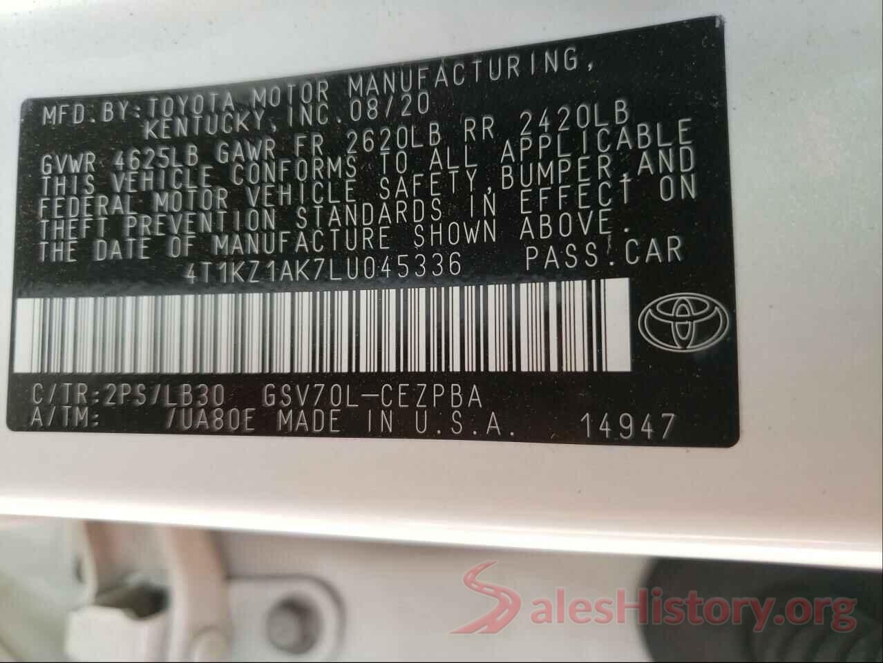 4T1KZ1AK7LU045336 2020 TOYOTA CAMRY