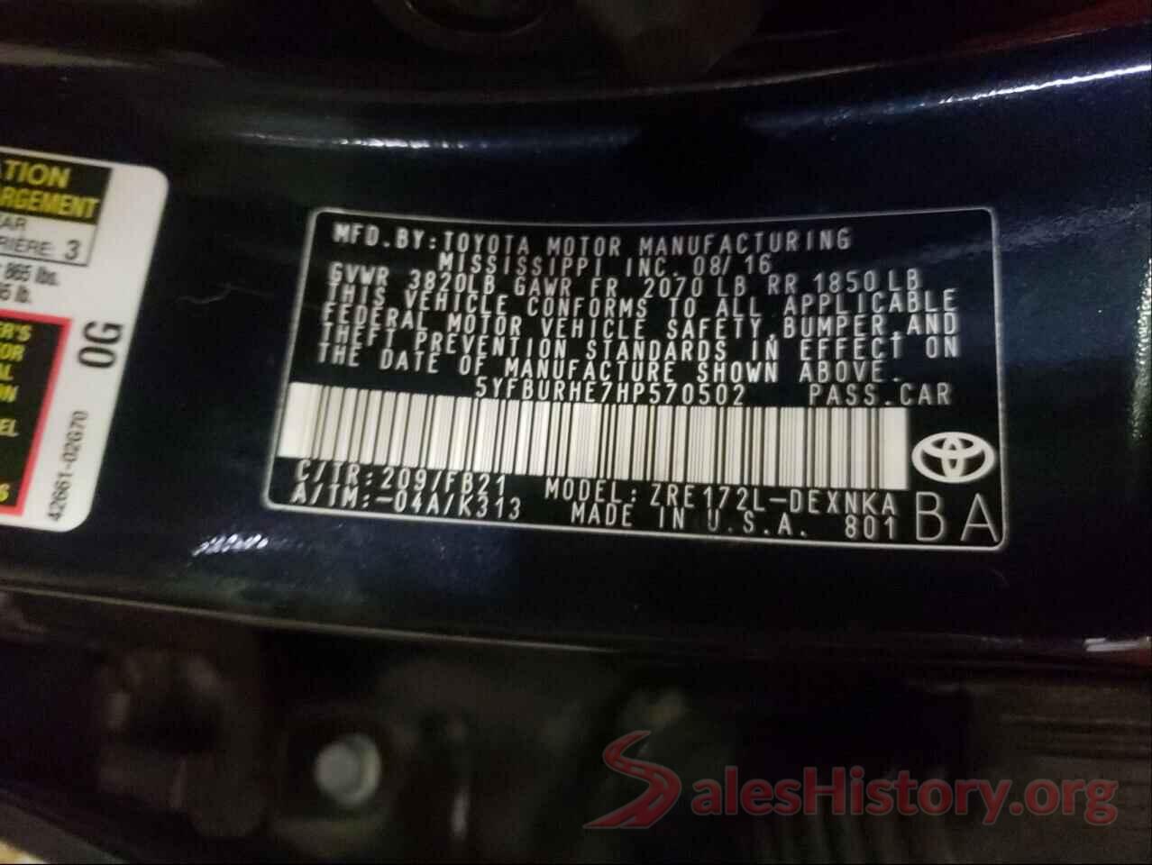 5YFBURHE7HP570502 2017 TOYOTA COROLLA