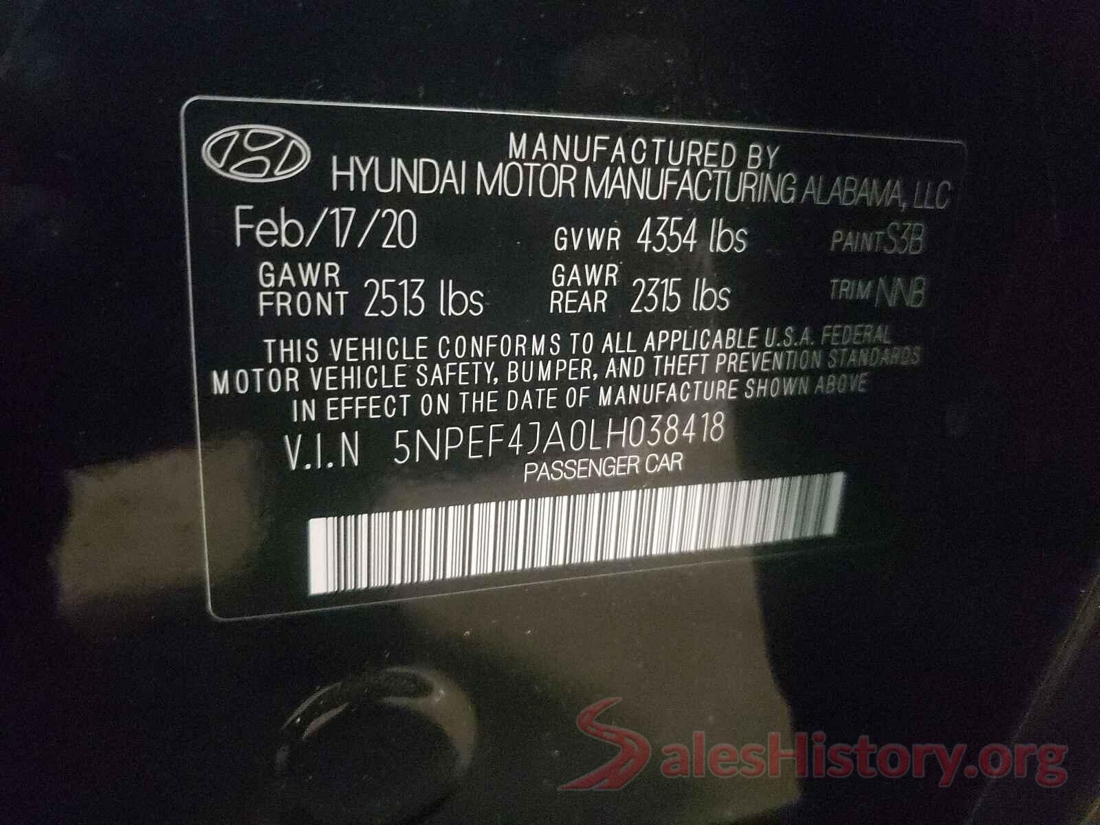 5NPEF4JA0LH038418 2020 HYUNDAI SONATA