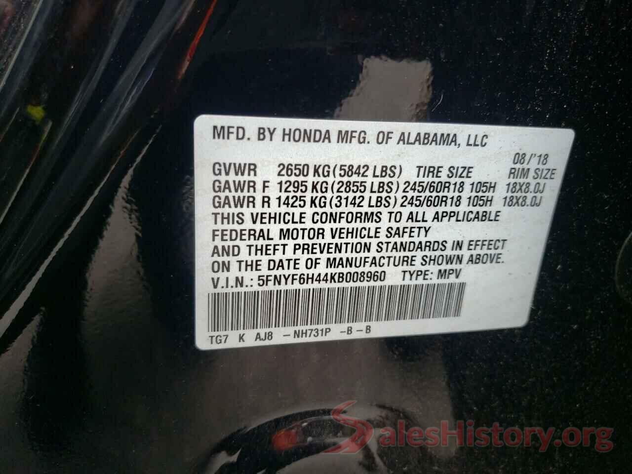 5FNYF6H44KB008960 2019 HONDA PILOT