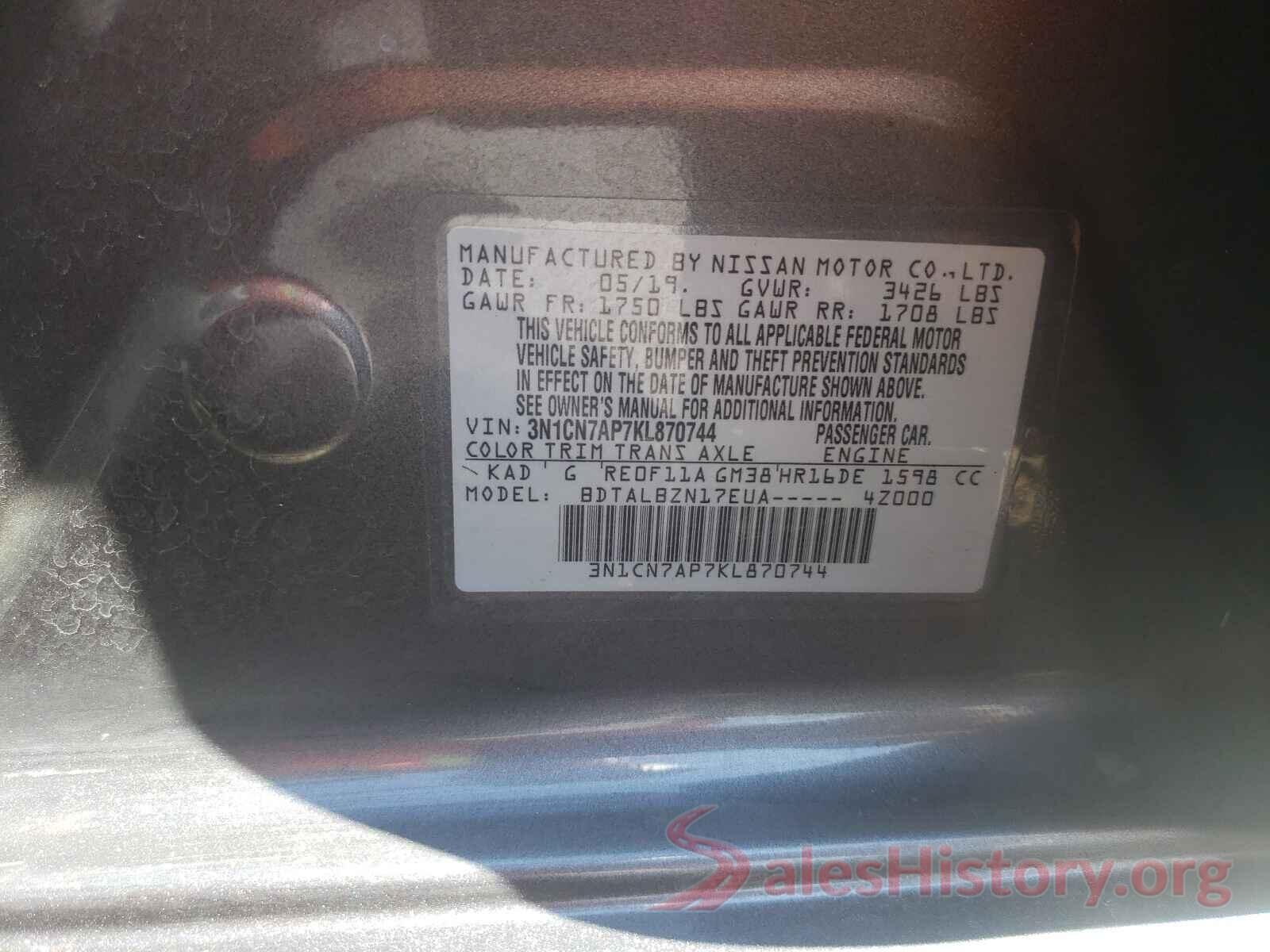 3N1CN7AP7KL870744 2019 NISSAN VERSA