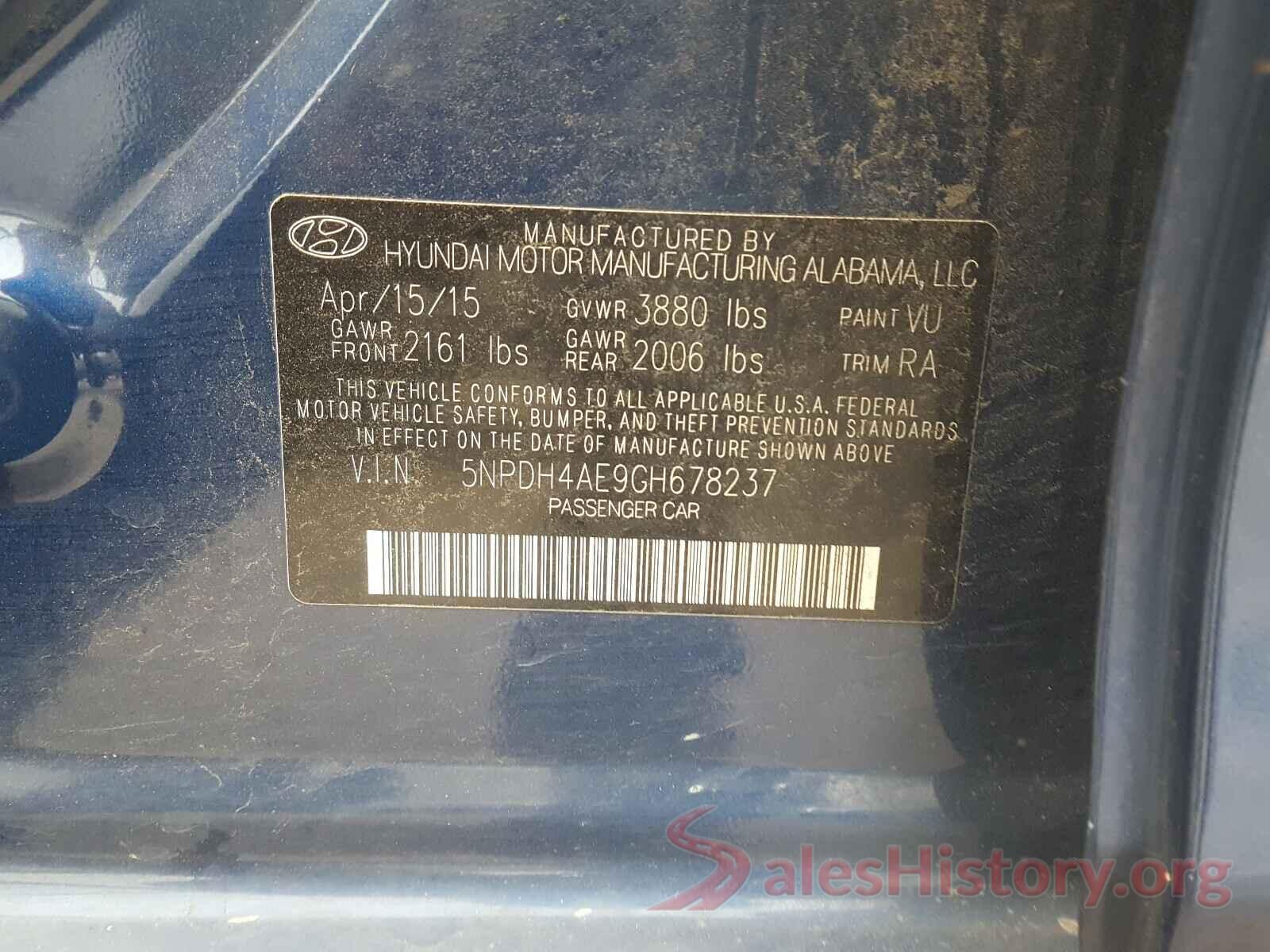 5NPDH4AE9GH678237 2016 HYUNDAI ELANTRA