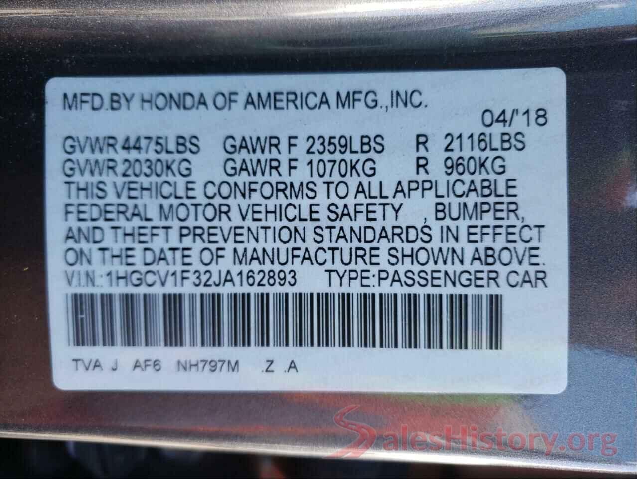 1HGCV1F32JA162893 2018 HONDA ACCORD