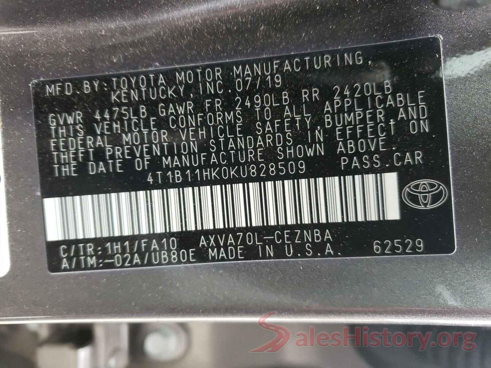 4T1B11HK0KU828509 2019 TOYOTA CAMRY