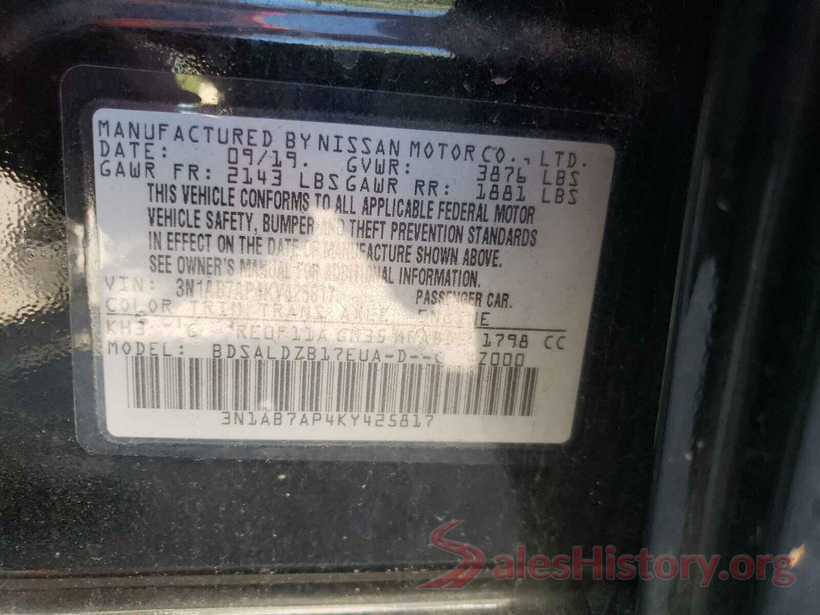 3N1AB7AP4KY425817 2019 NISSAN SENTRA