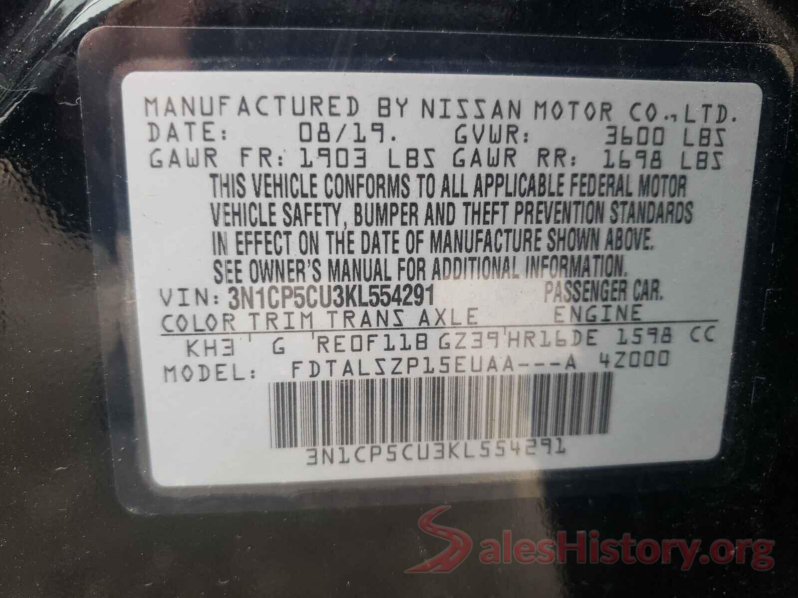 3N1CP5CU3KL554291 2019 NISSAN KICKS