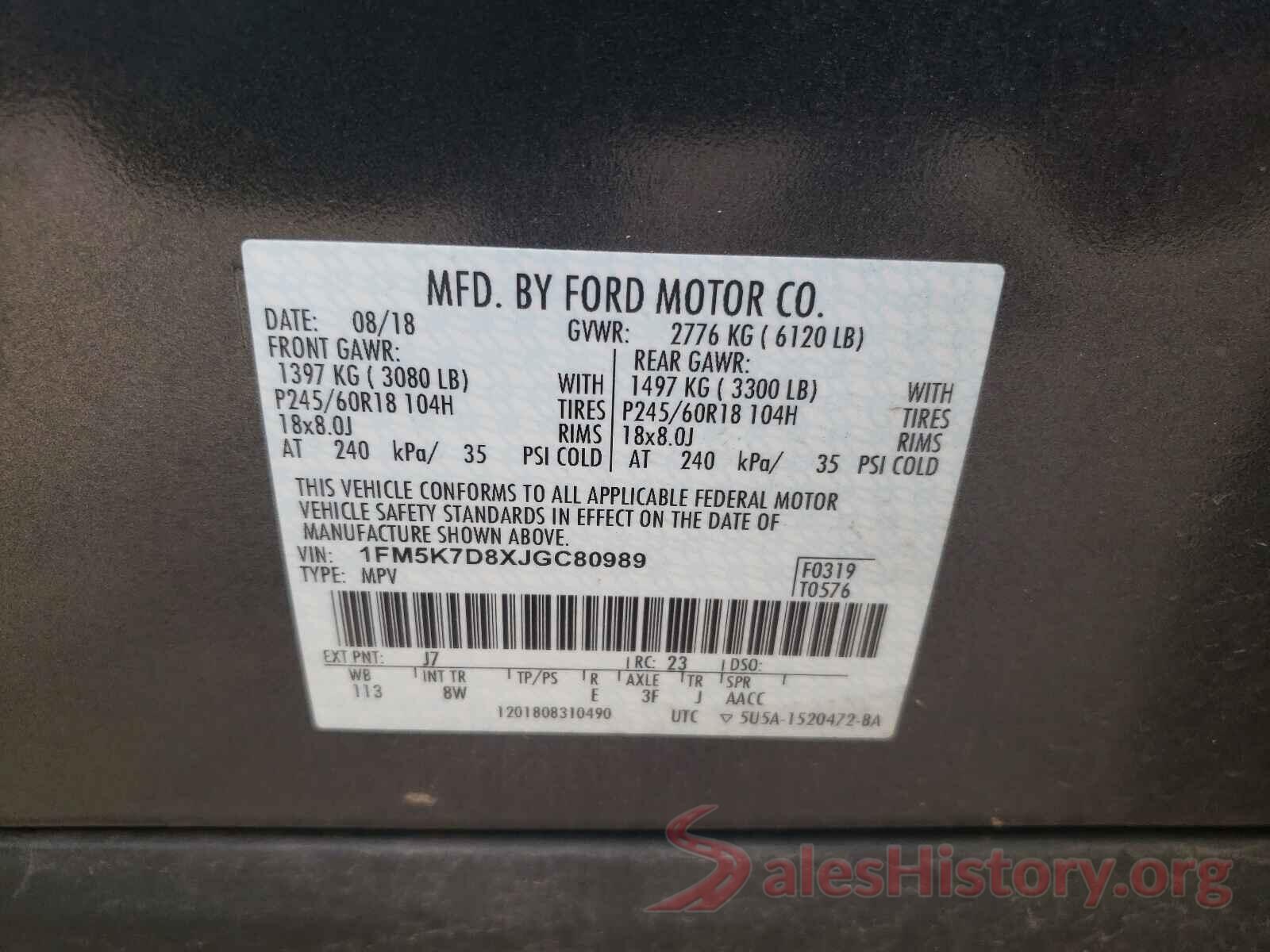 1FM5K7D8XJGC80989 2018 FORD EXPLORER