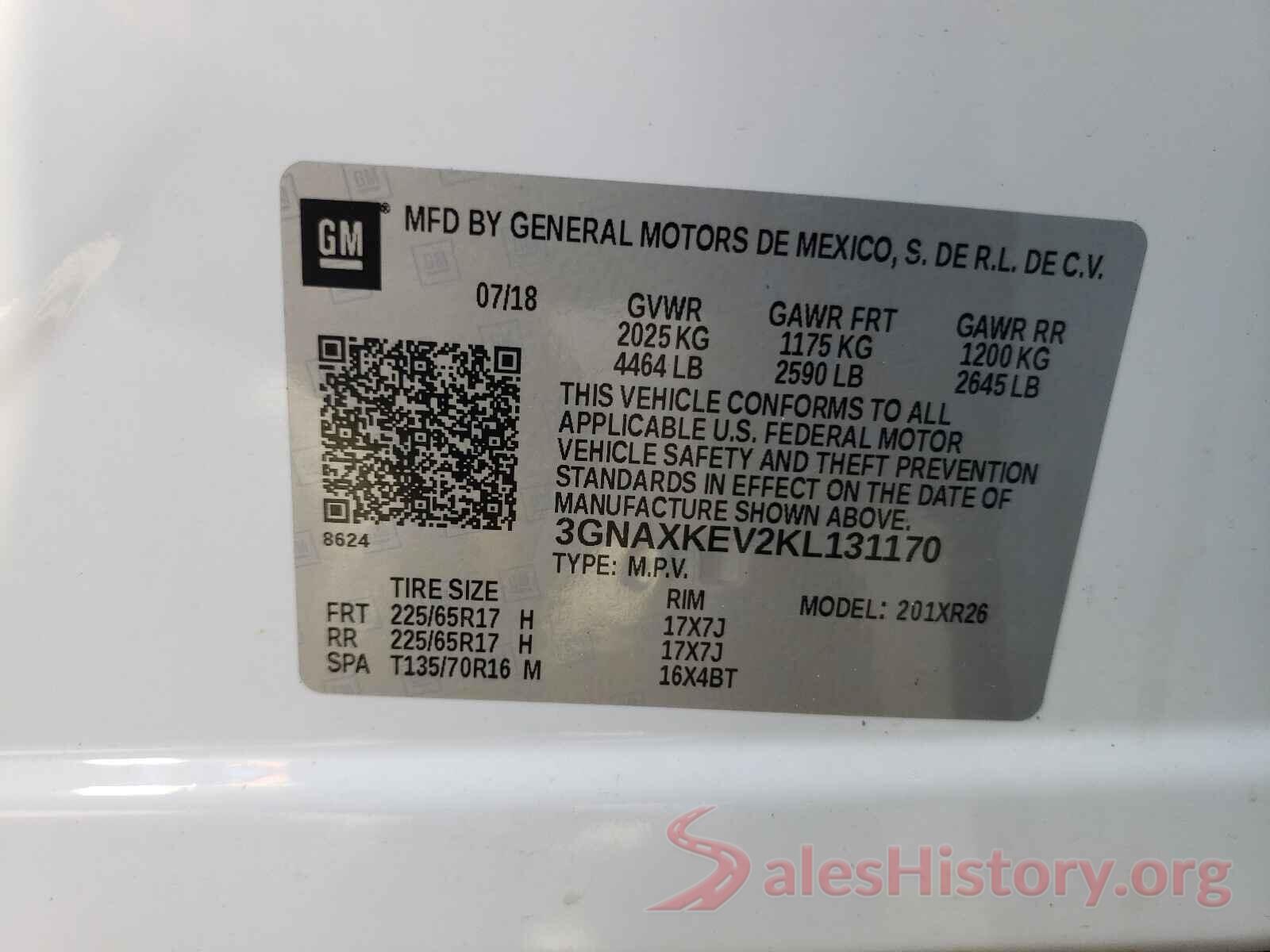 3GNAXKEV2KL131170 2019 CHEVROLET EQUINOX