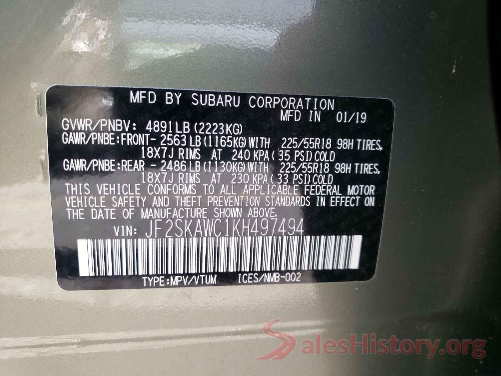 JF2SKAWC1KH497494 2019 SUBARU FORESTER