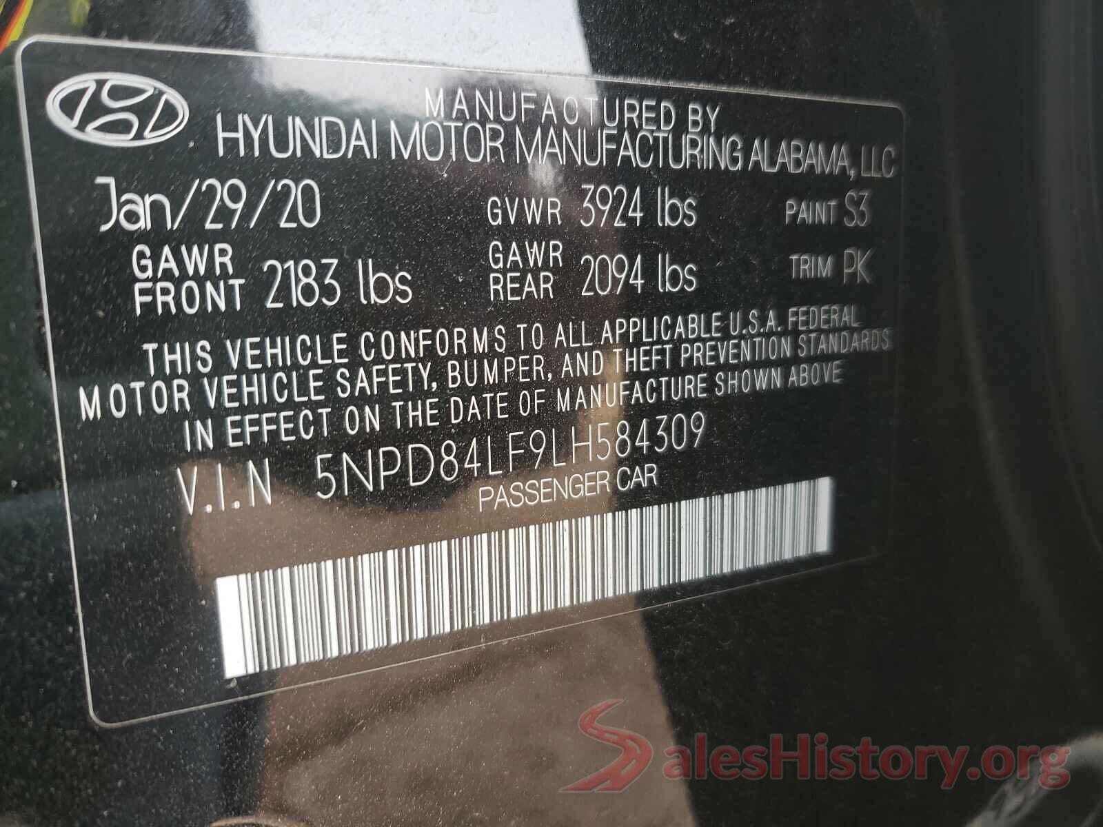 5NPD84LF9LH584309 2020 HYUNDAI ELANTRA