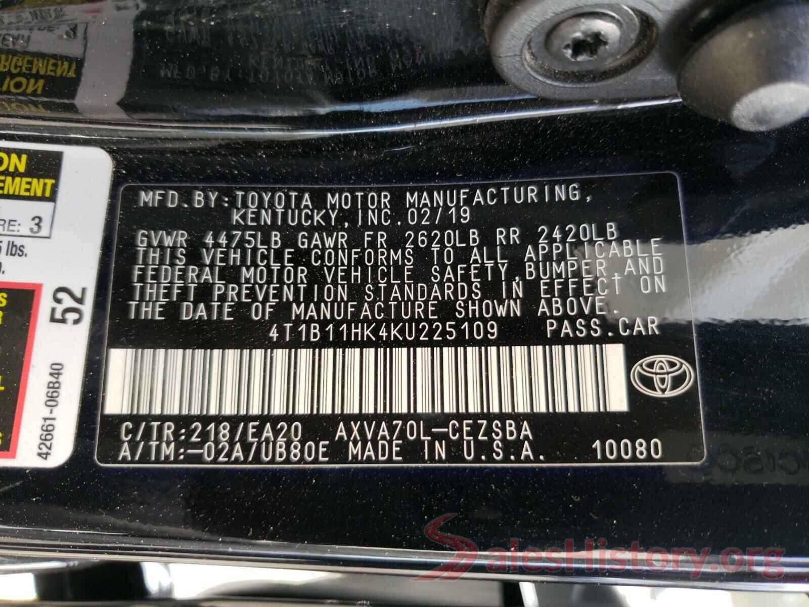 4T1B11HK4KU225109 2019 TOYOTA CAMRY