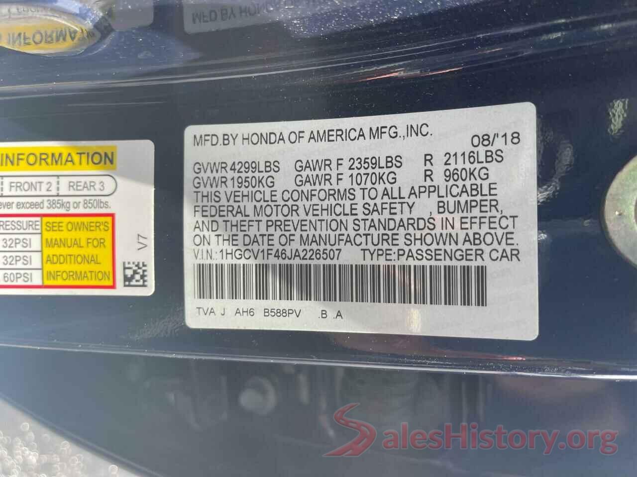 1HGCV1F46JA226507 2018 HONDA ACCORD