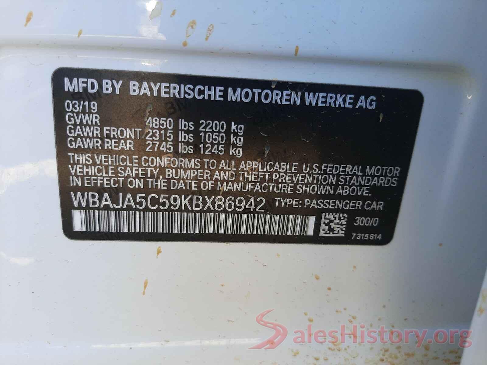 WBAJA5C59KBX86942 2019 BMW 5 SERIES