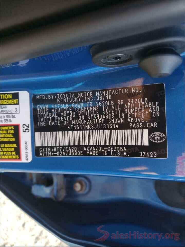 4T1B11HK8JU133614 2018 TOYOTA CAMRY