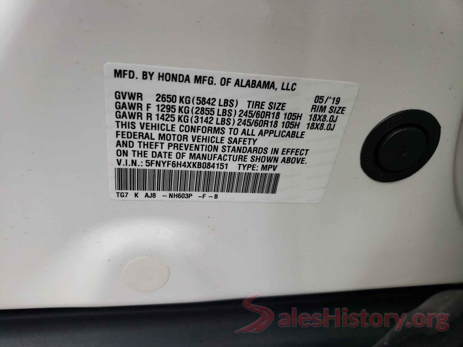 5FNYF6H4XKB084151 2019 HONDA PILOT