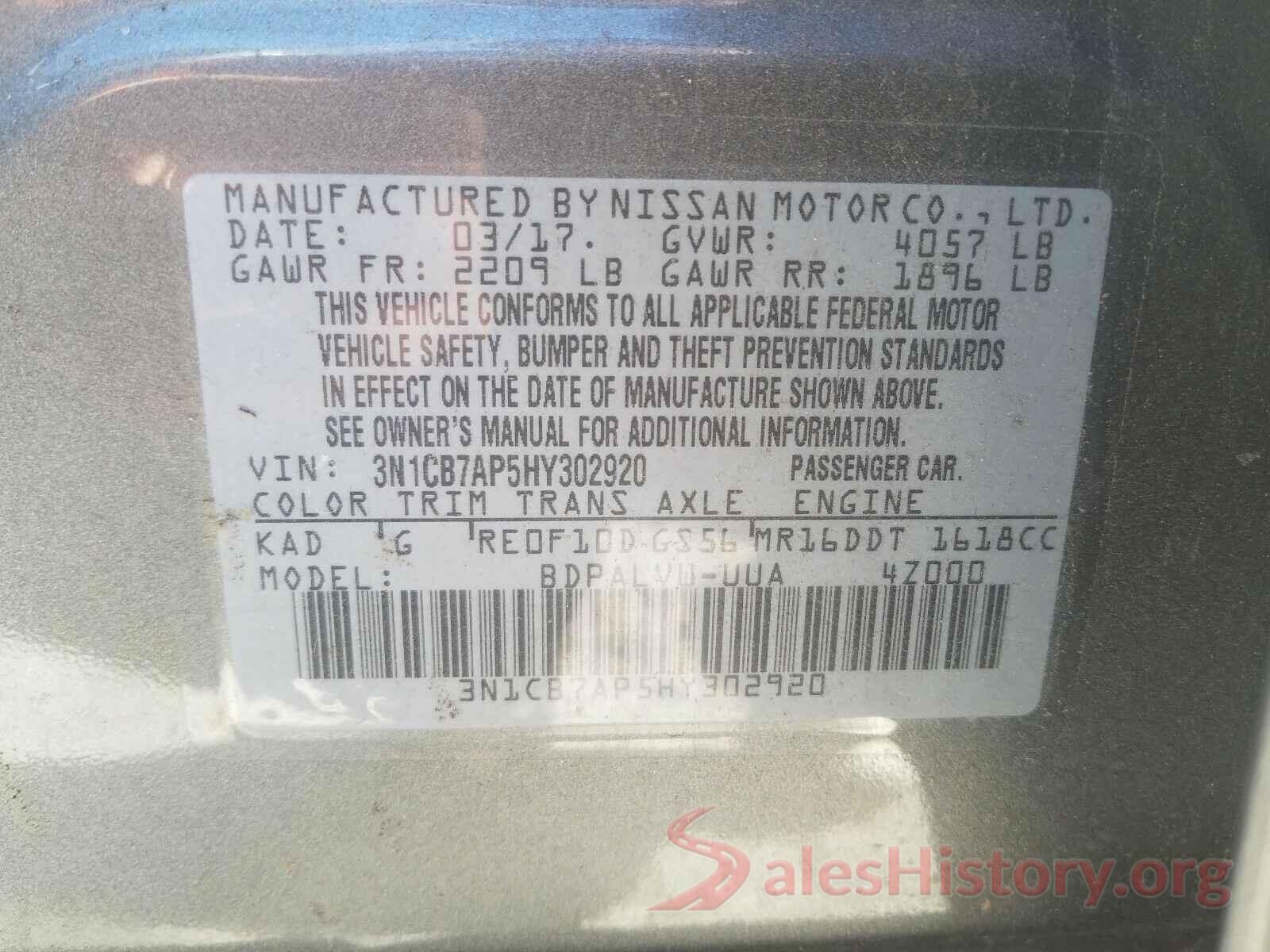 3N1CB7AP5HY302920 2017 NISSAN SENTRA