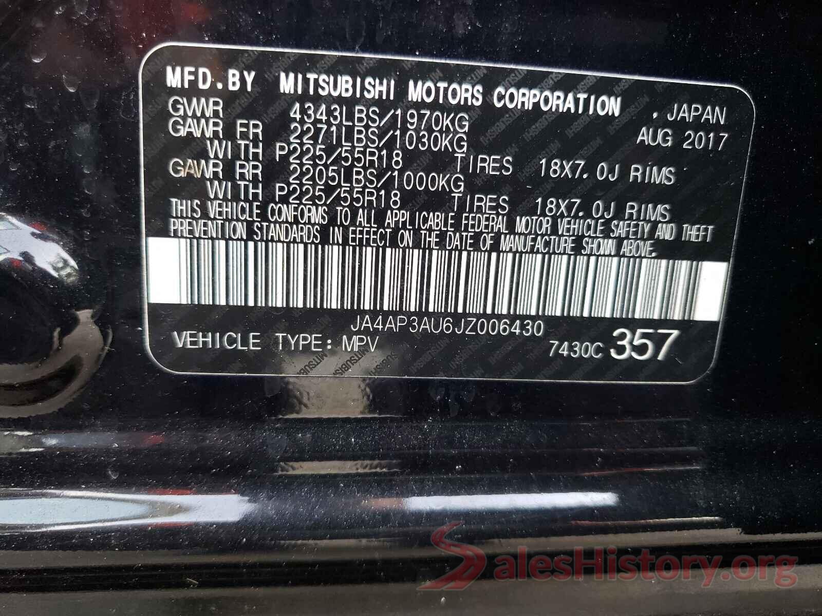 JA4AP3AU6JZ006430 2018 MITSUBISHI OUTLANDER