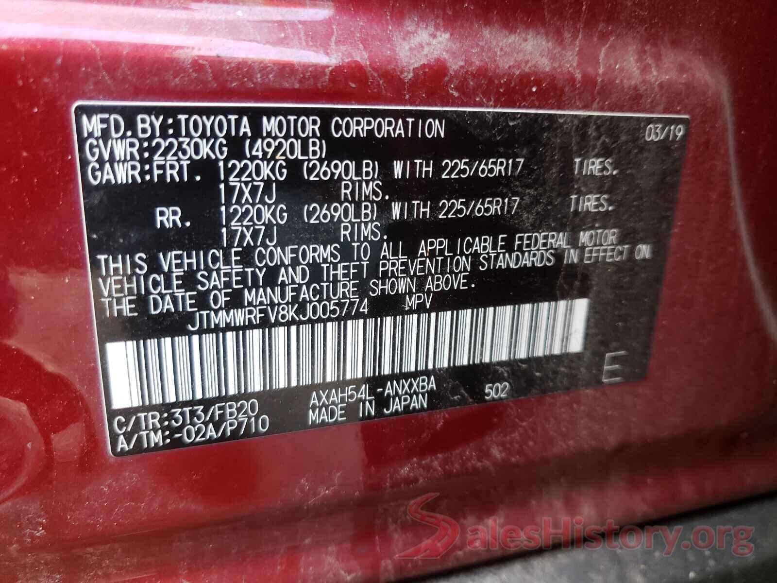 JTMMWRFV8KJ005774 2019 TOYOTA RAV4