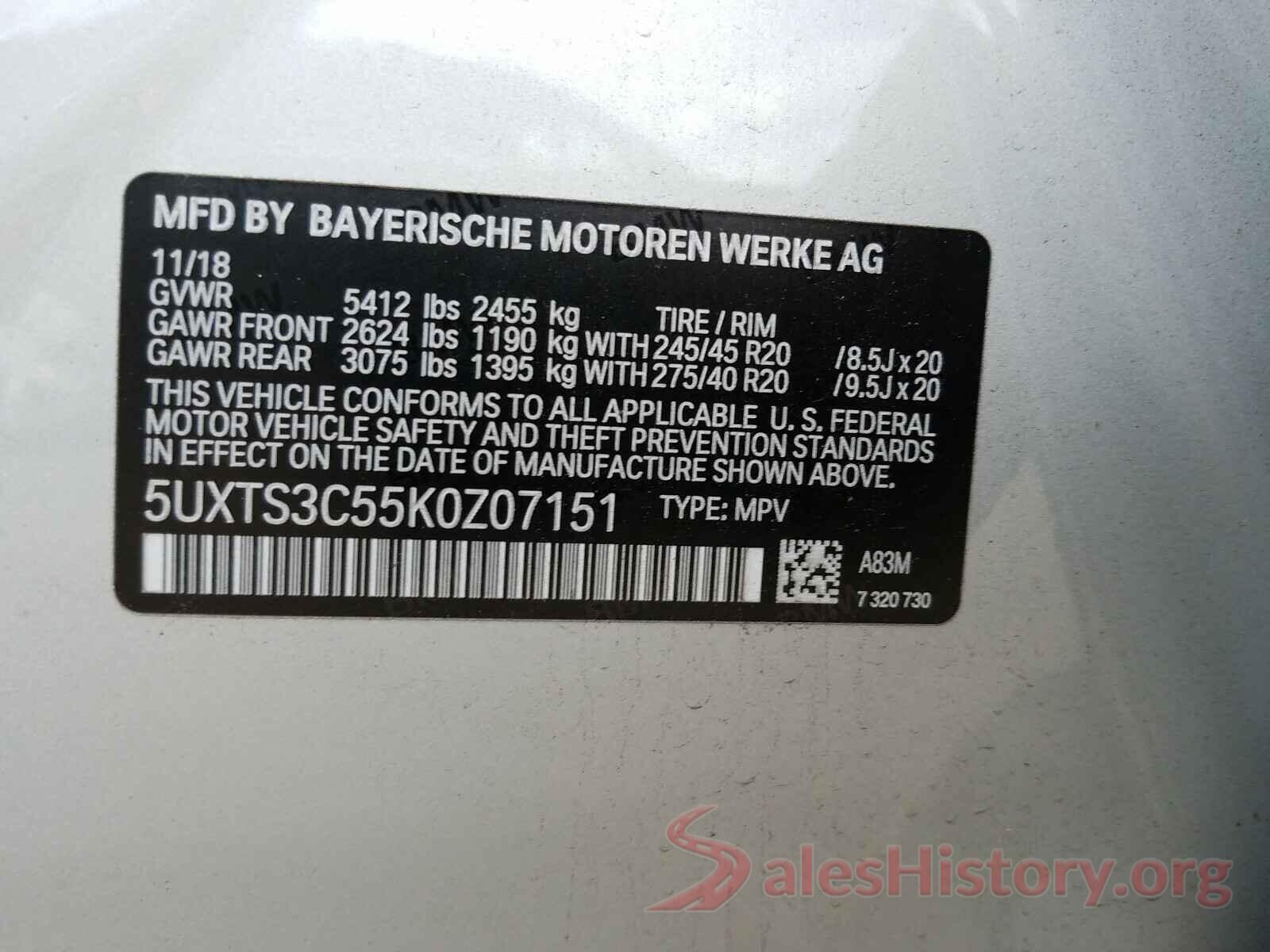 5UXTS3C55K0Z07151 2019 BMW X3