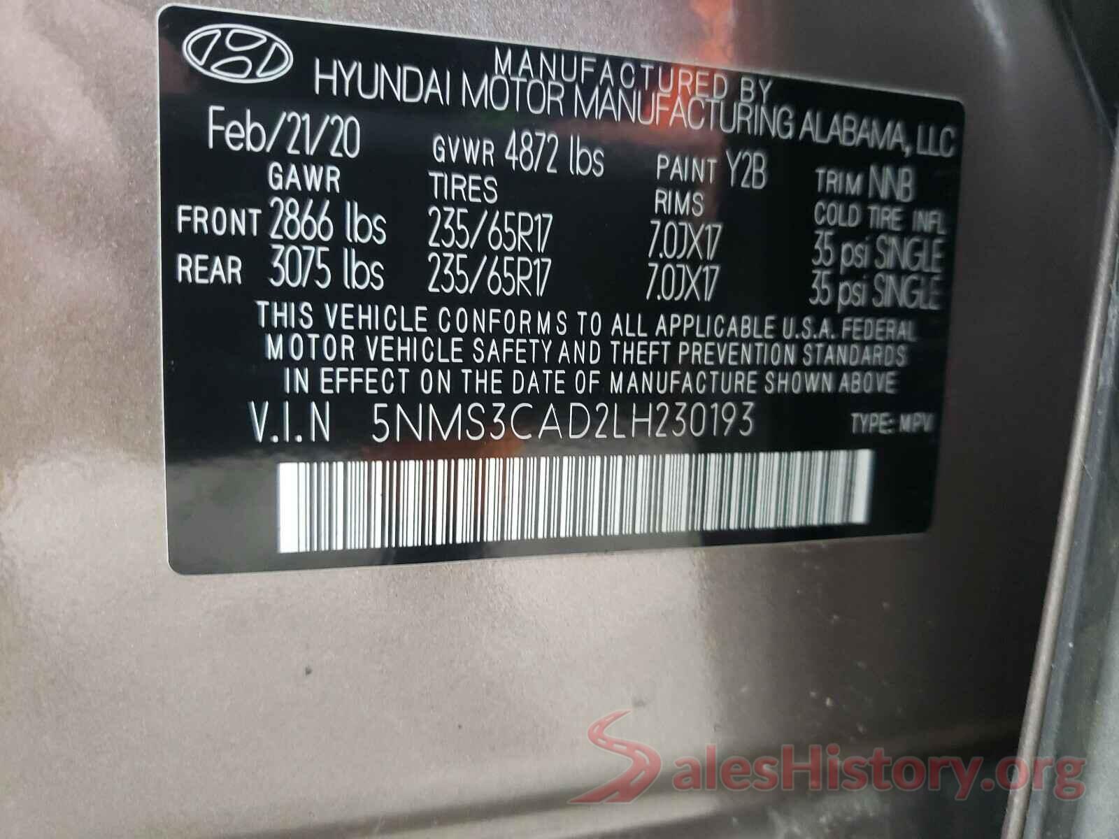 5NMS3CAD2LH230193 2020 HYUNDAI SANTA FE