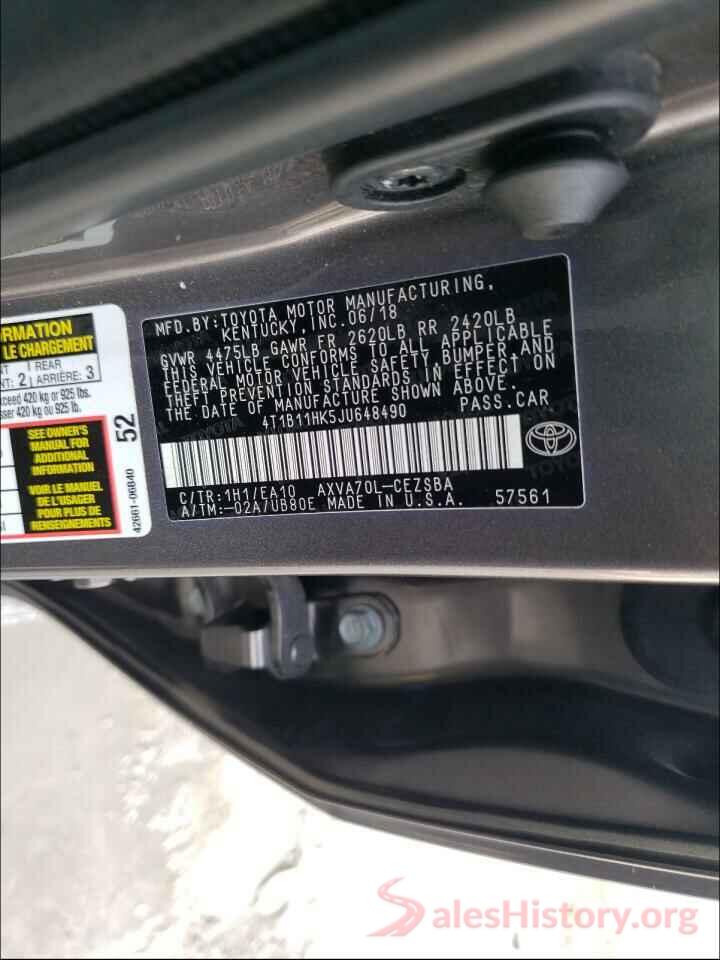 4T1B11HK5JU648490 2018 TOYOTA CAMRY