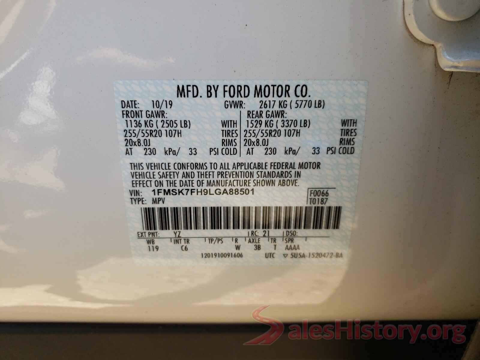 1FMSK7FH9LGA88501 2020 FORD EXPLORER