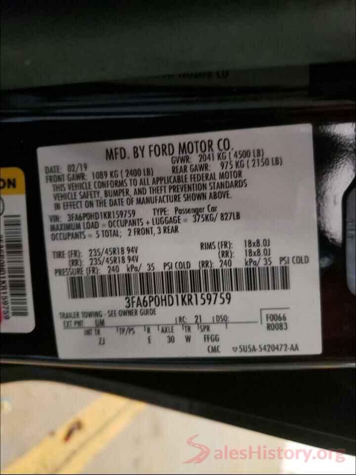 3FA6P0HD1KR159759 2019 FORD FUSION