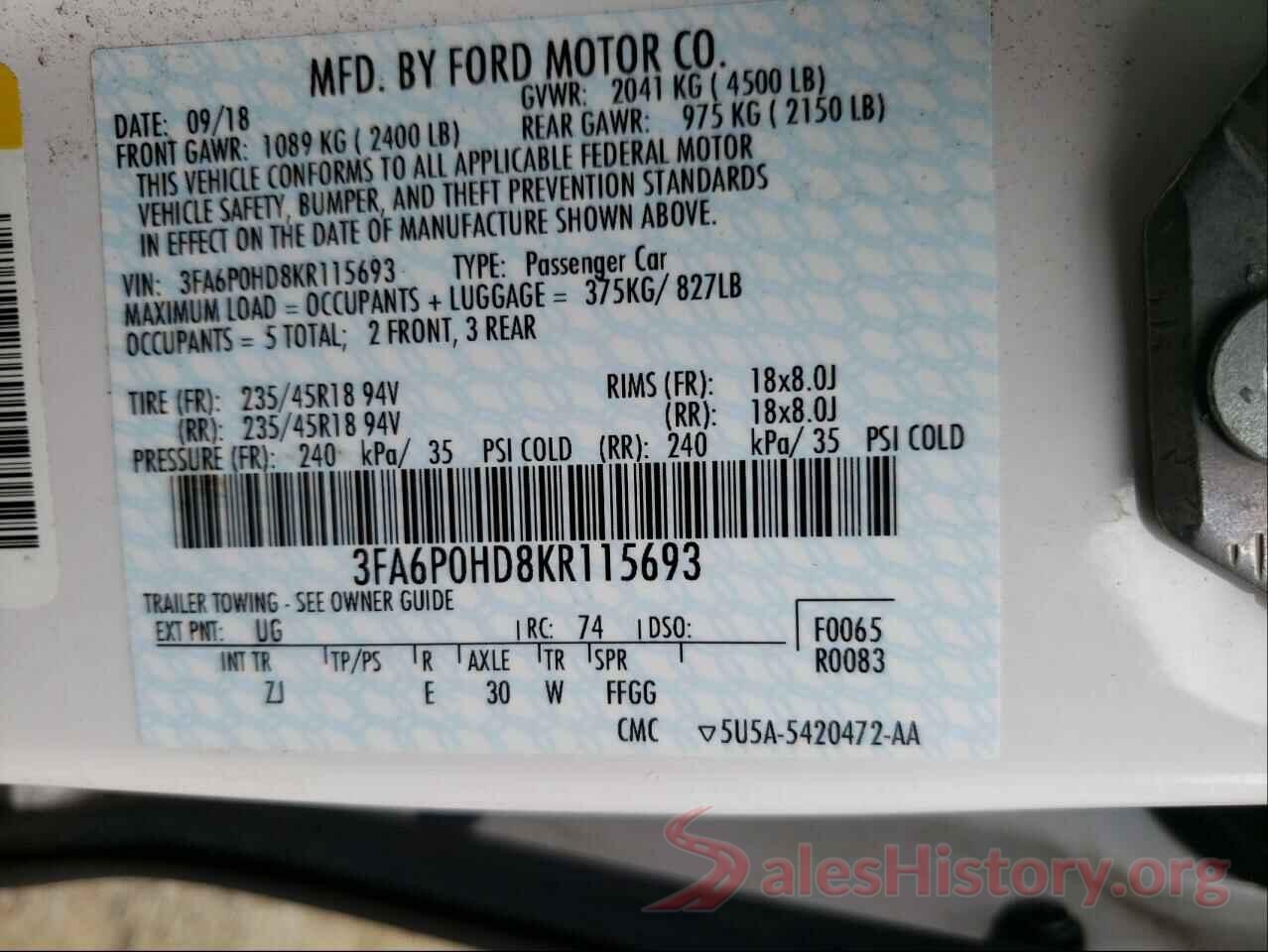 3FA6P0HD8KR115693 2019 FORD FUSION