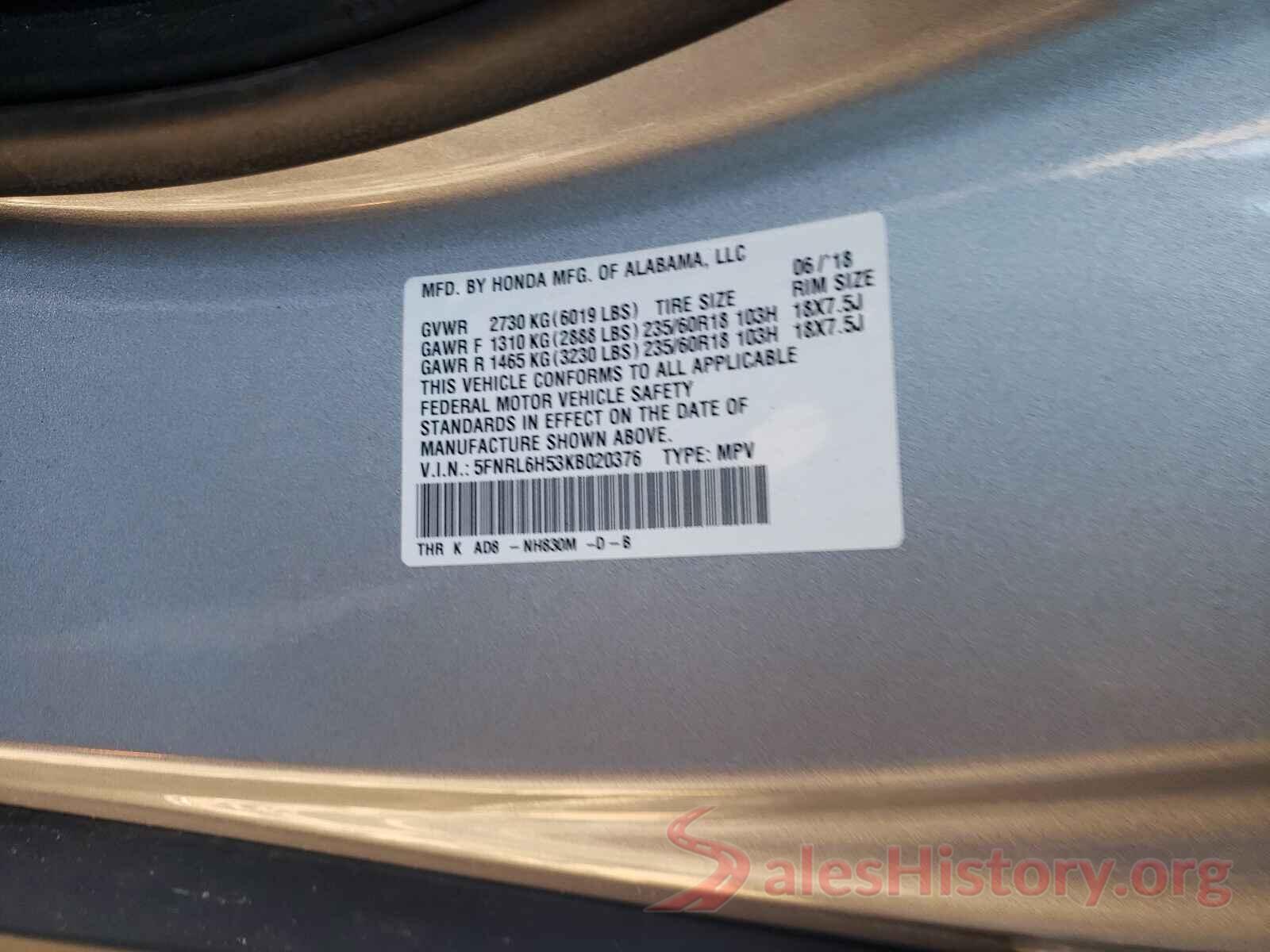 5FNRL6H53KB020376 2019 HONDA ODYSSEY