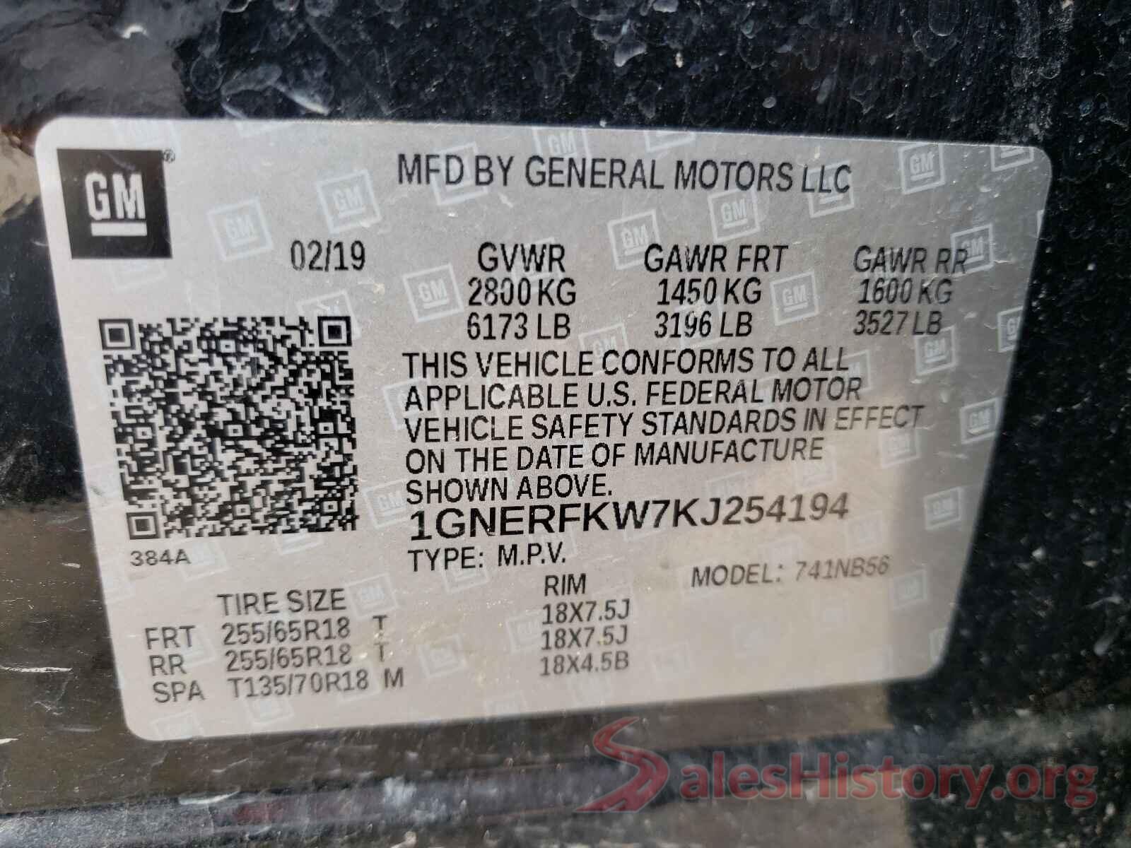 1GNERFKW7KJ254194 2019 CHEVROLET TRAVERSE