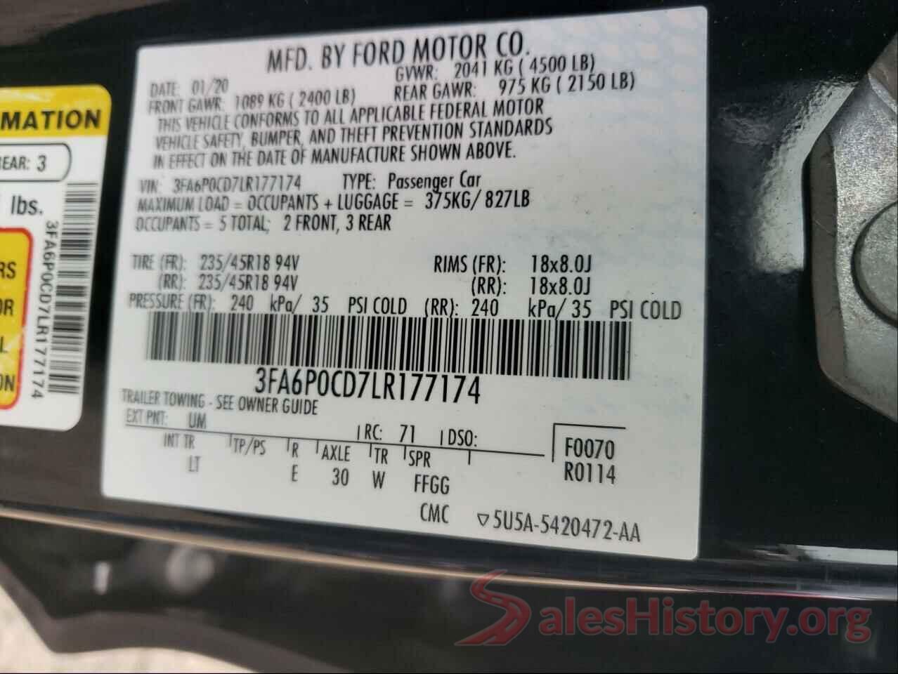 3FA6P0CD7LR177174 2020 FORD FUSION