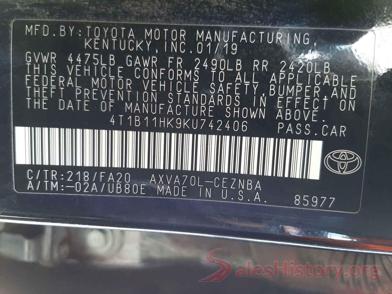 4T1B11HK9KU742406 2019 TOYOTA CAMRY