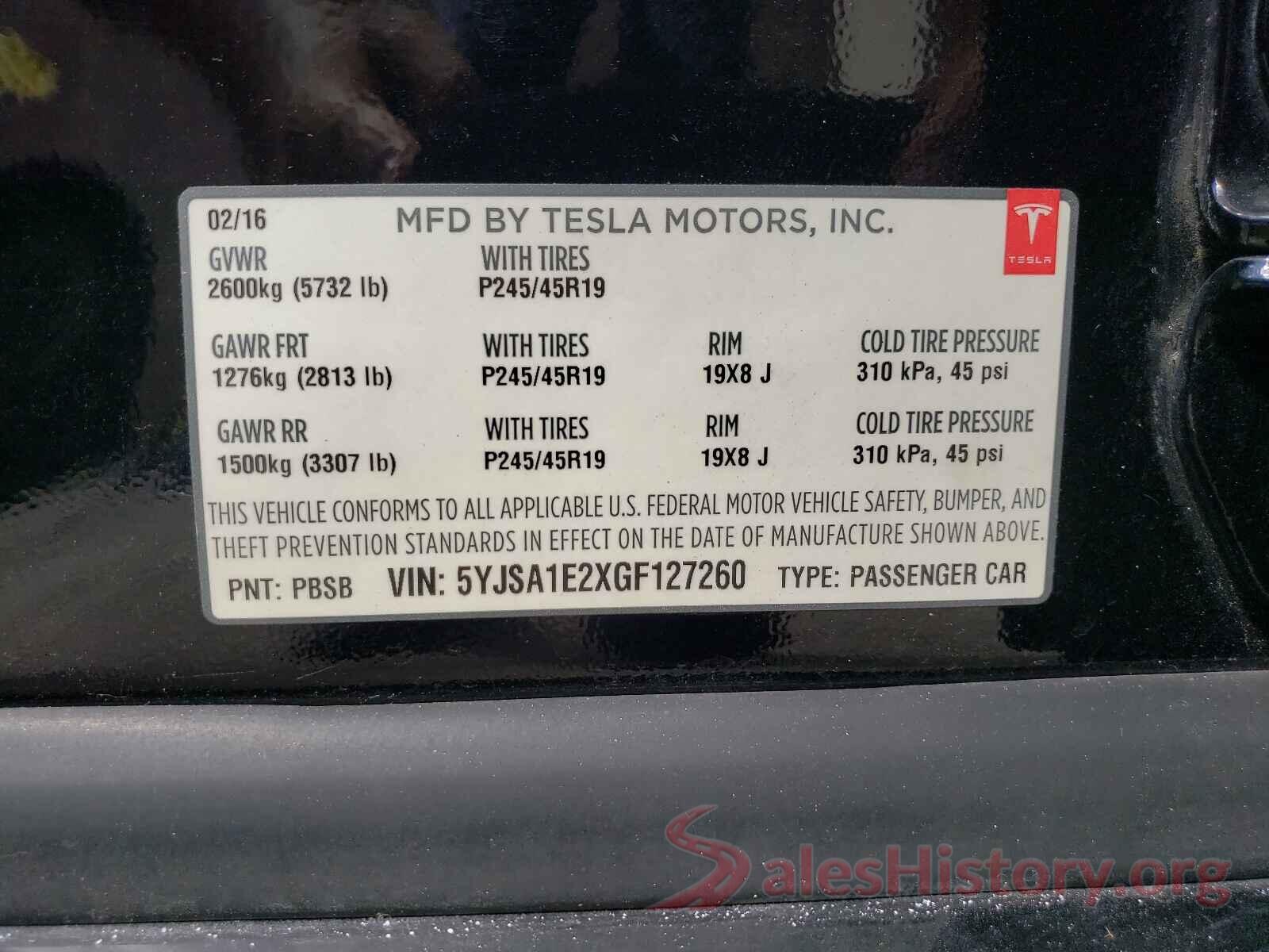 5YJSA1E2XGF127260 2016 TESLA MODEL S