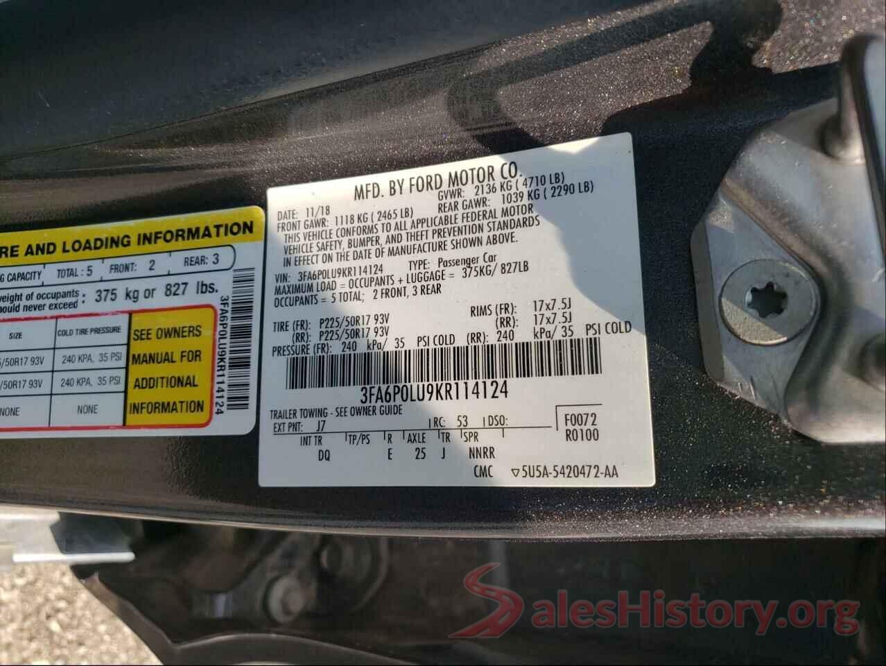 3FA6P0LU9KR114124 2019 FORD FUSION