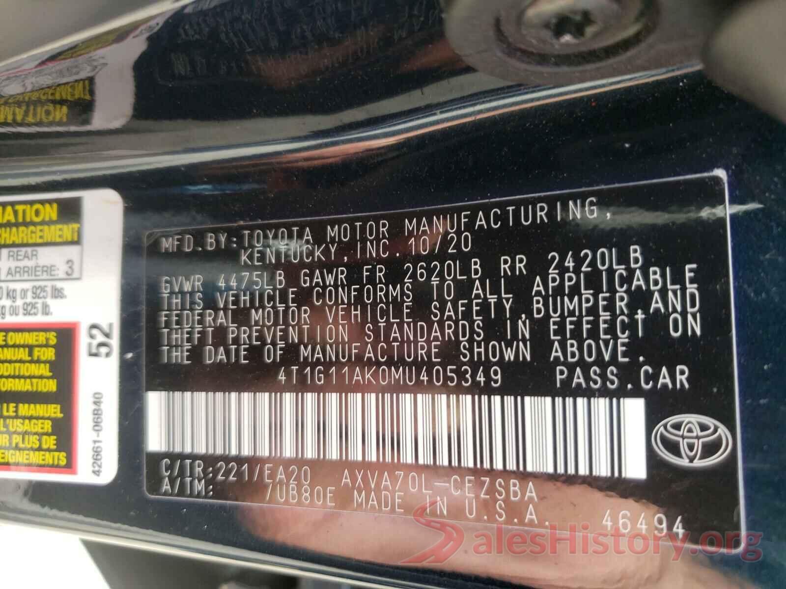 4T1G11AK0MU405349 2021 TOYOTA CAMRY