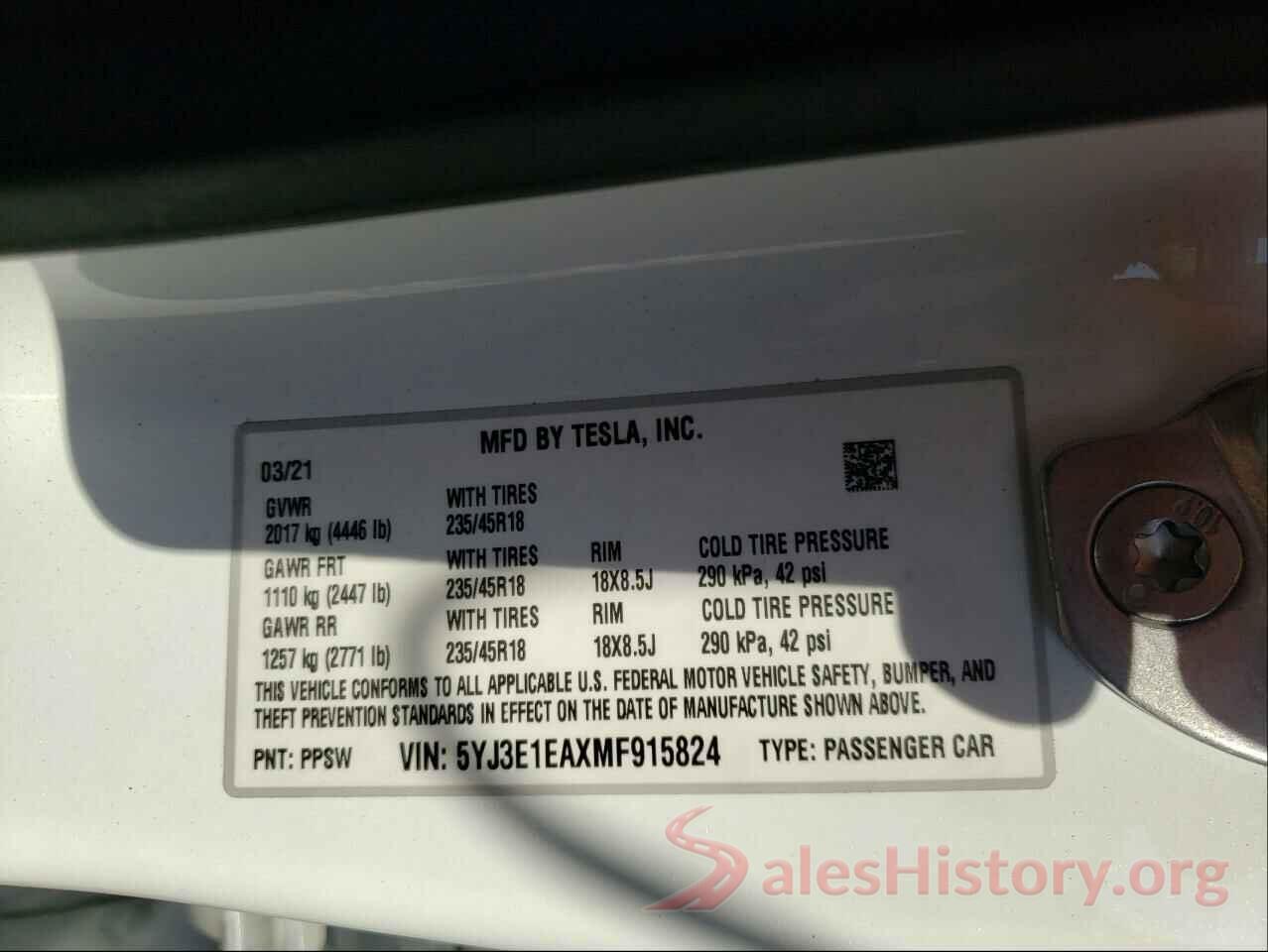 5YJ3E1EAXMF915824 2021 TESLA MODEL 3