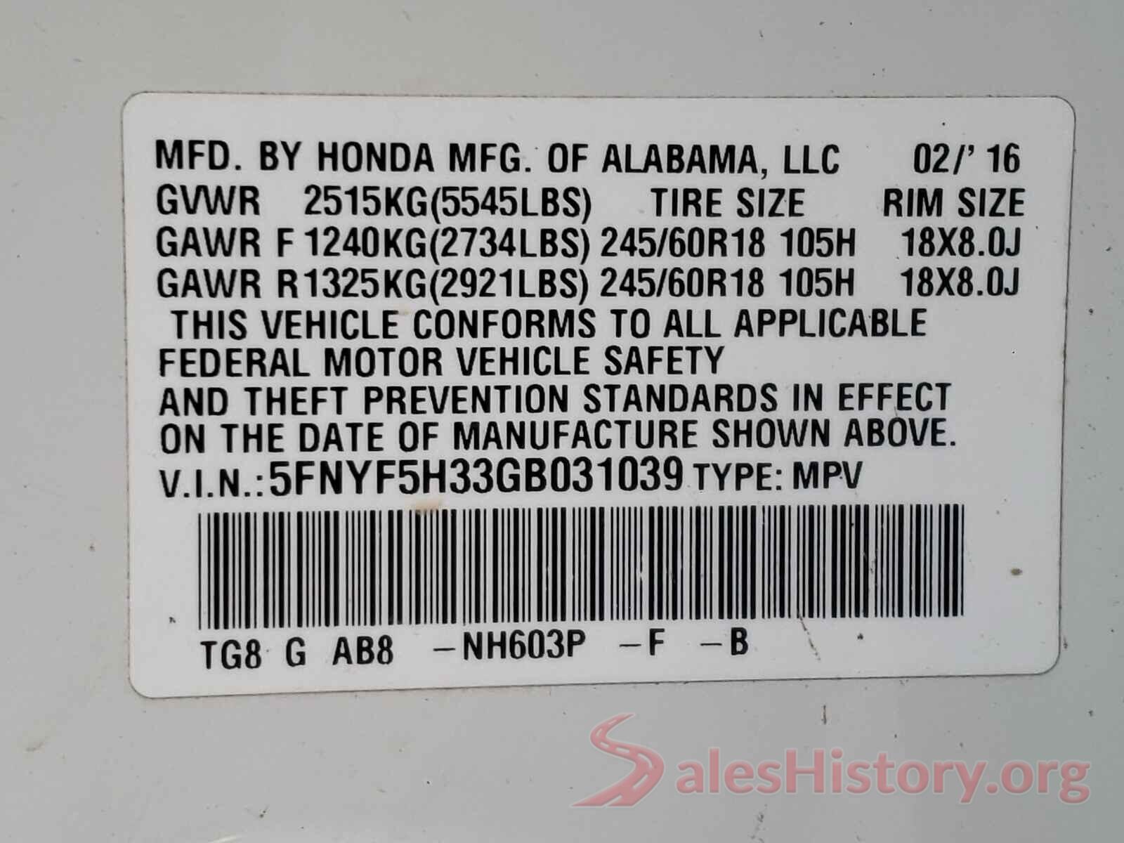 5FNYF5H33GB031039 2016 HONDA PILOT