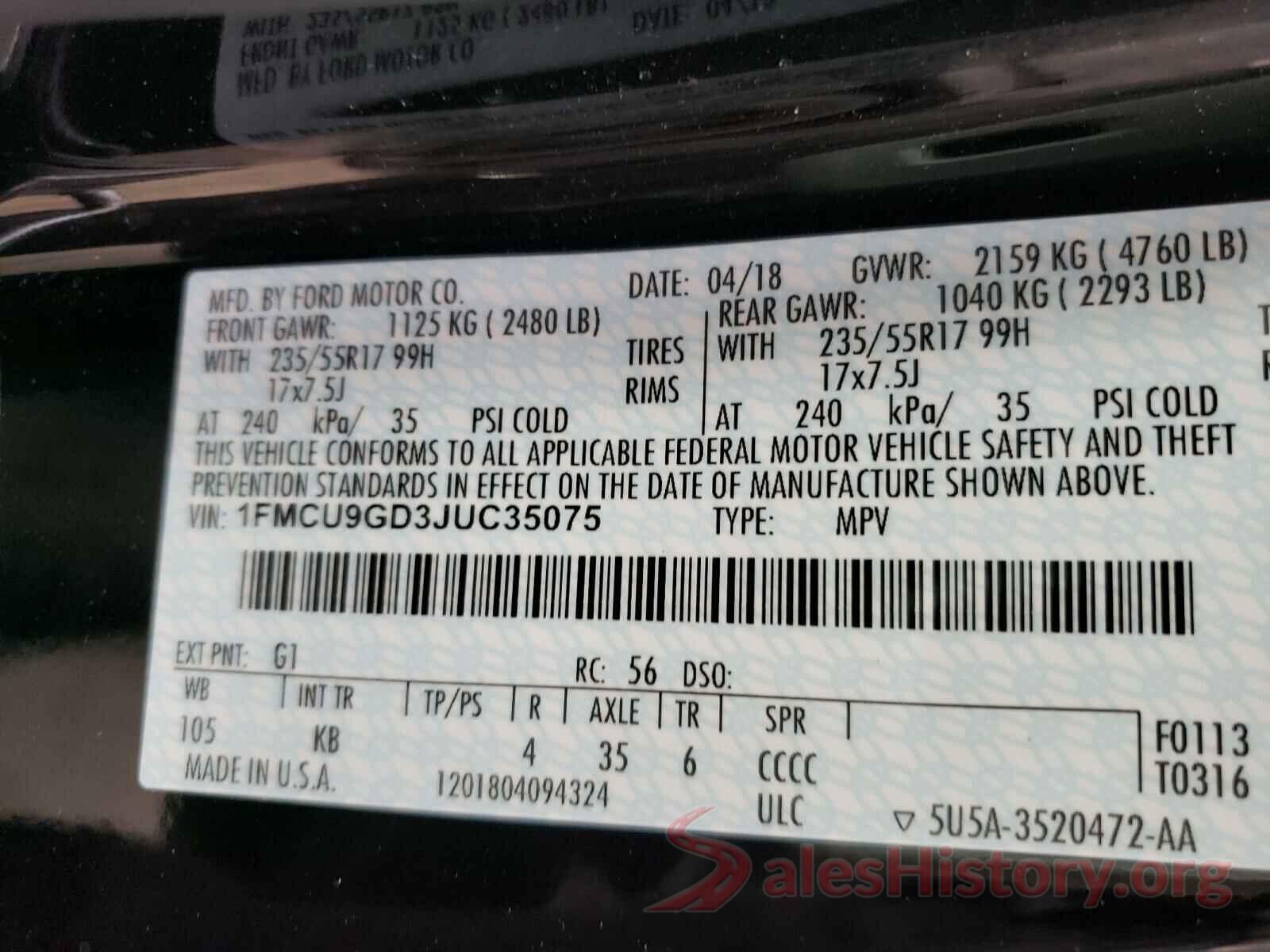 1FMCU9GD3JUC35075 2018 FORD ESCAPE