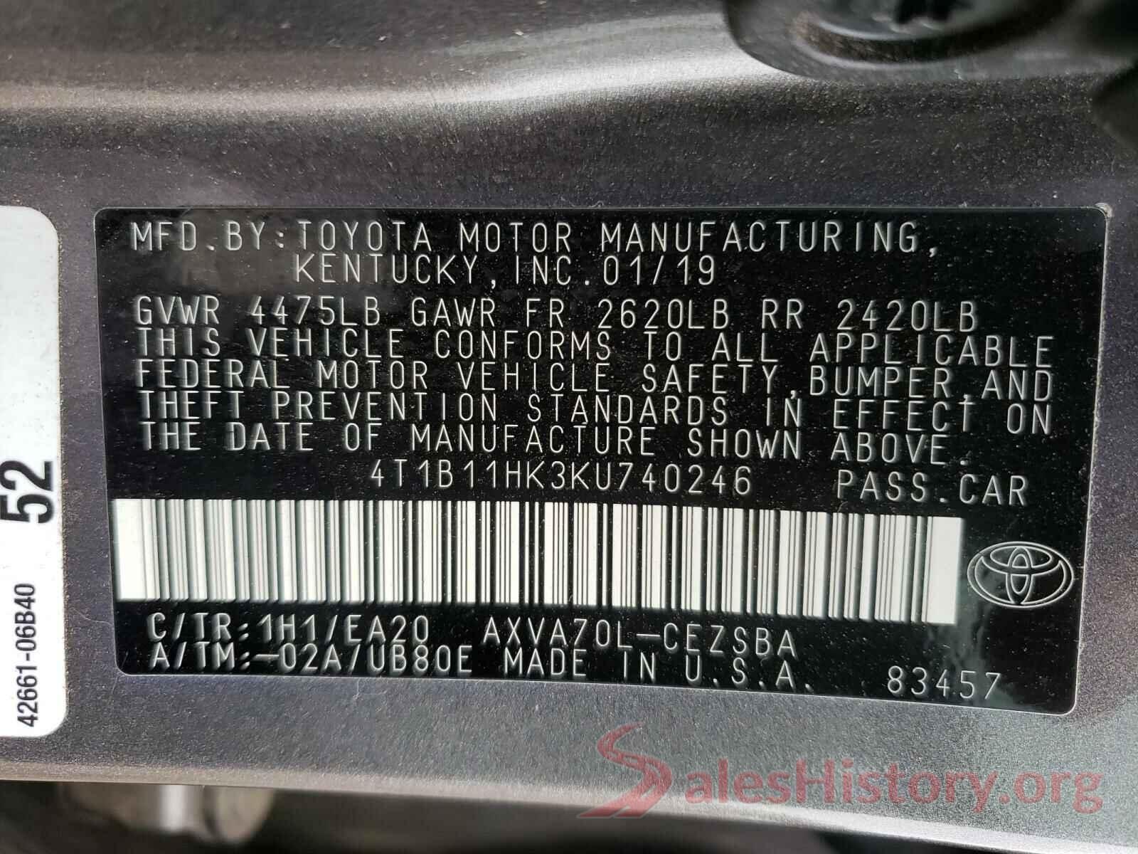 4T1B11HK3KU740246 2019 TOYOTA CAMRY