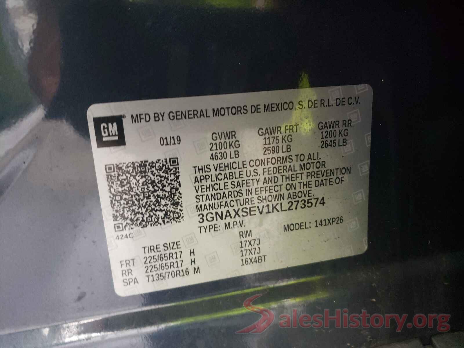 3GNAXSEV1KL273574 2019 CHEVROLET EQUINOX