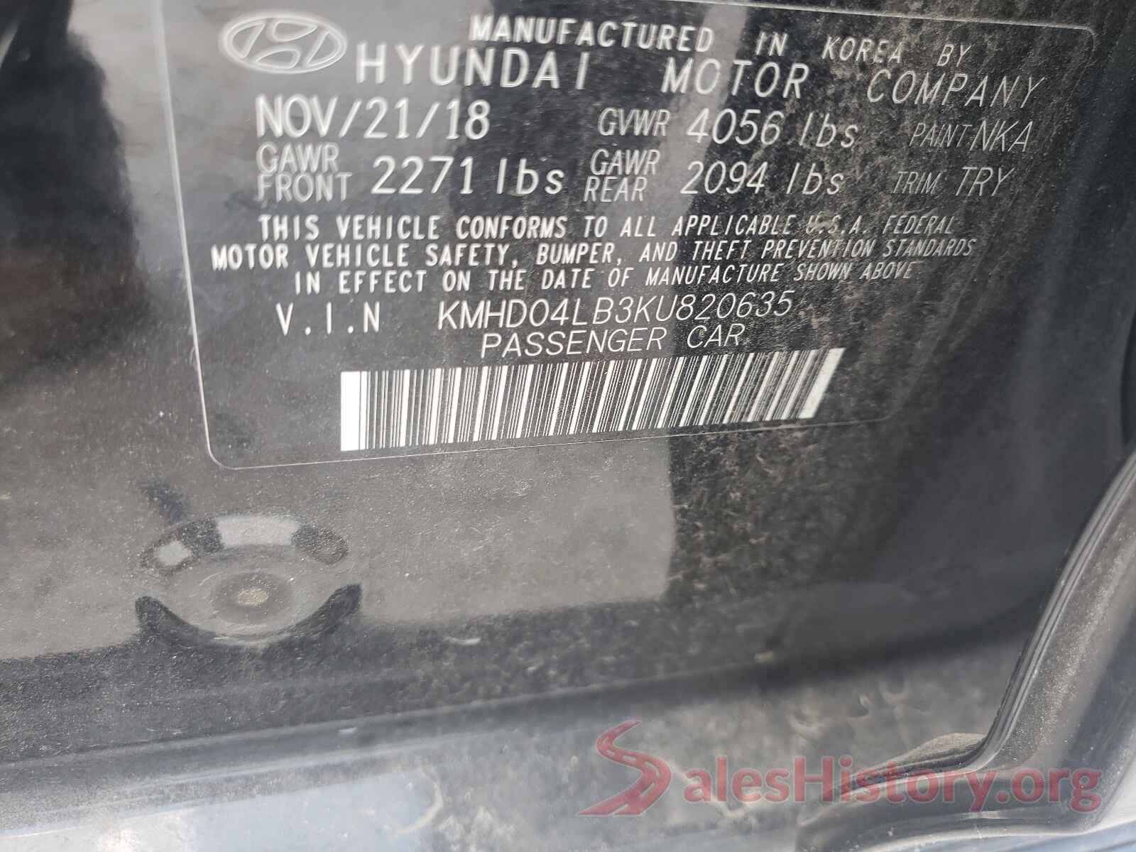 KMHD04LB3KU820635 2019 HYUNDAI ELANTRA