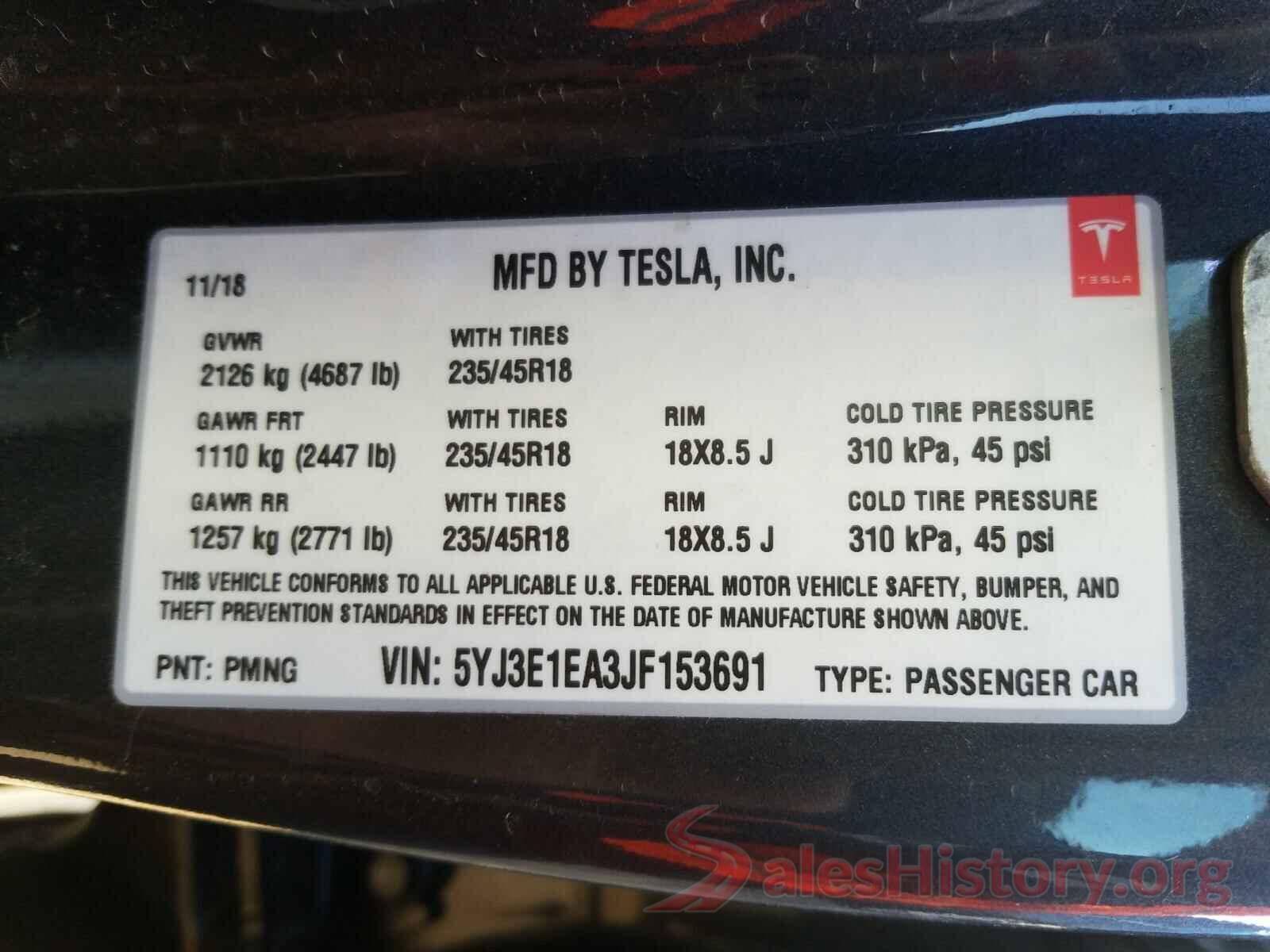 5YJ3E1EA3JF153691 2018 TESLA MODEL 3