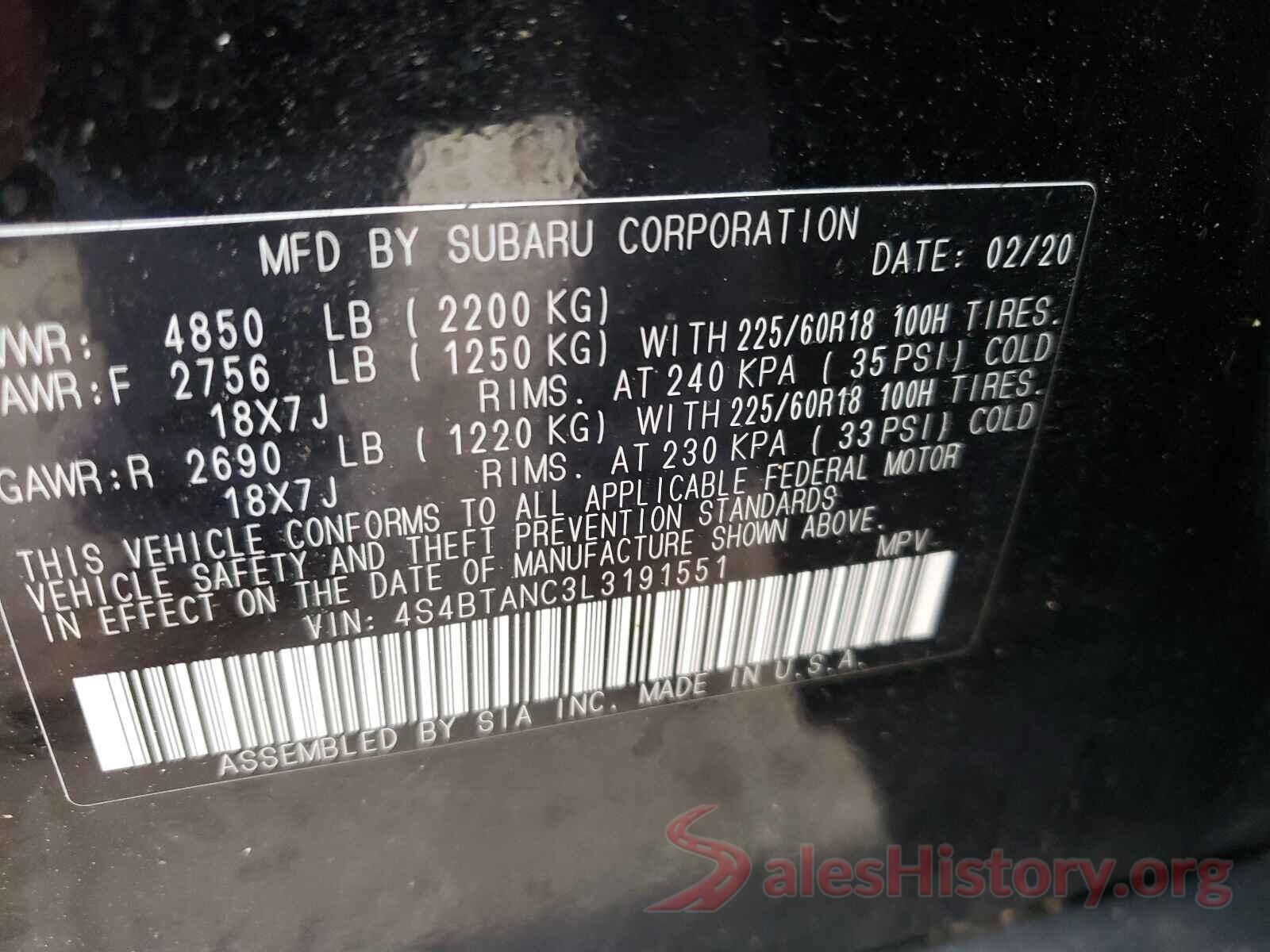 4S4BTANC3L3191551 2020 SUBARU OUTBACK